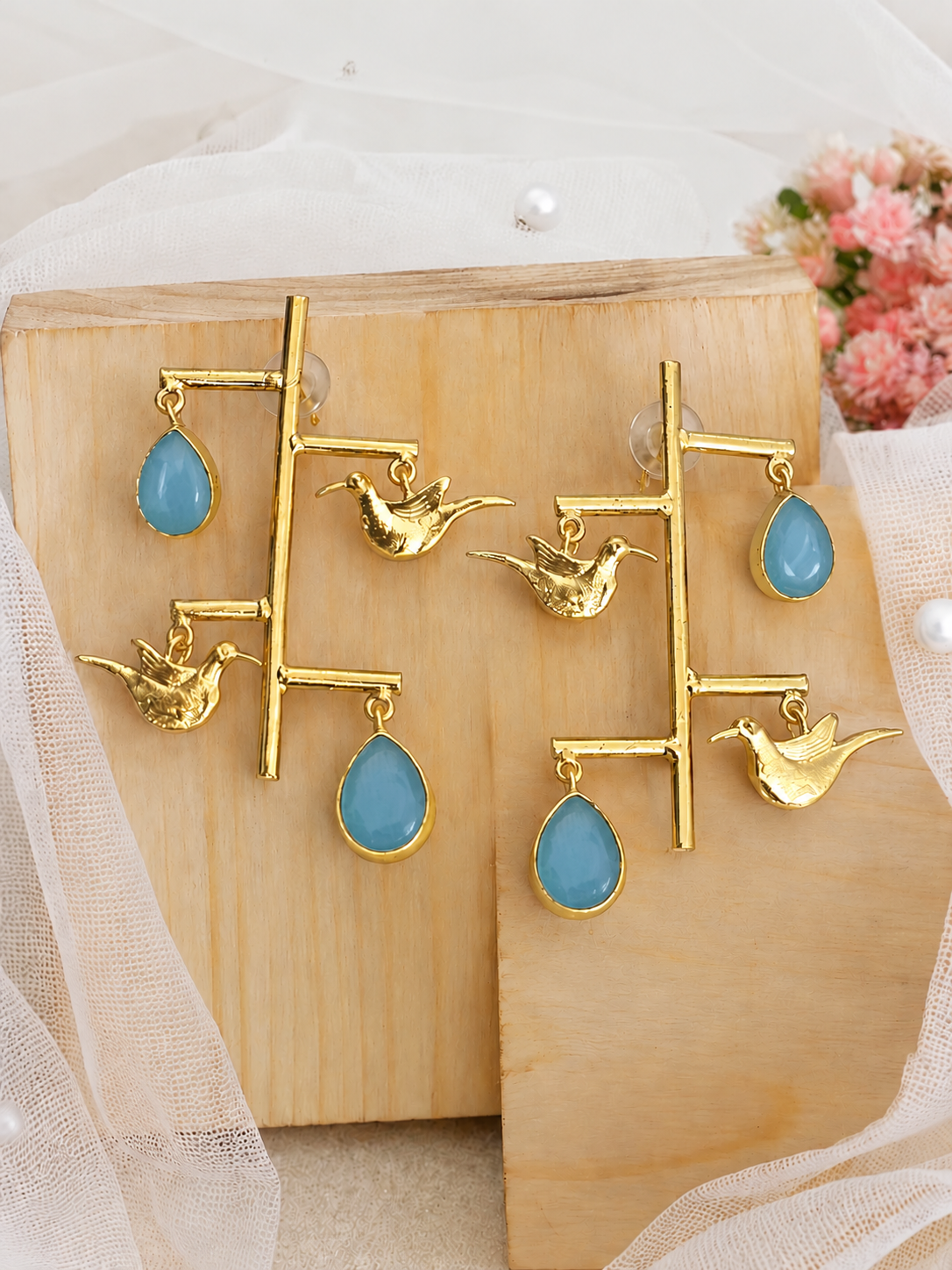 Handmade Brass Hummingbird Branch Earrings with Emerald Green Teardrop Stones | Whimsical Nature-Inspired Drop Dangles for Women
