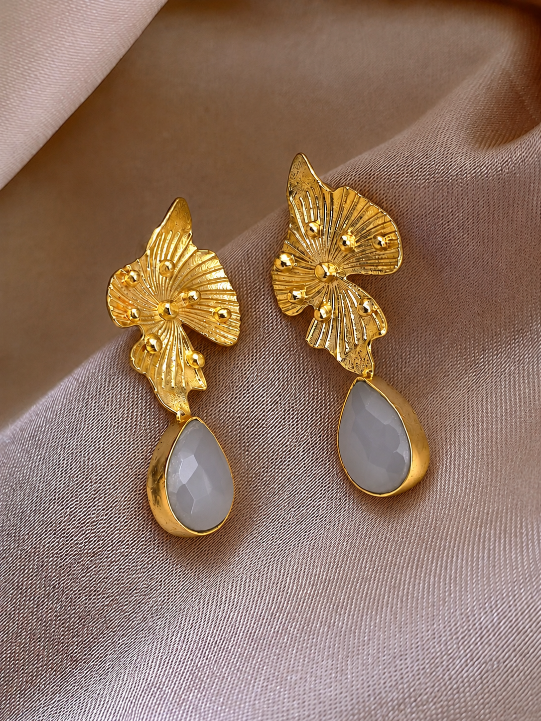 Handmade Brass Turquoise Teardrop Dangle Earrings, Textured Floral Leaf Drop Earrings, Boho Artisan Gold Jewelry for Women