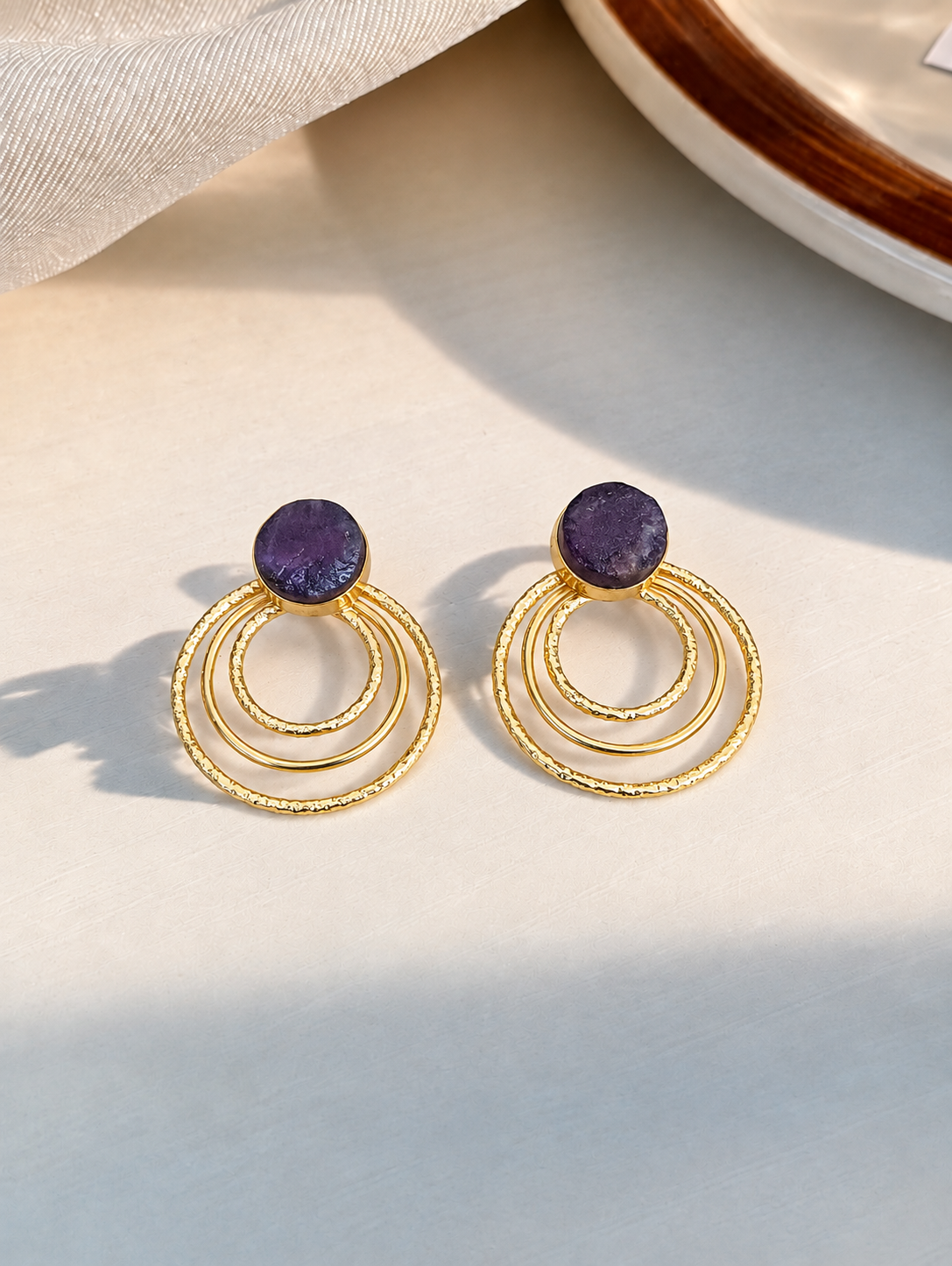 Handmade Gold-Toned Brass Triple-Hoop Dangle Earrings with Natural Stone