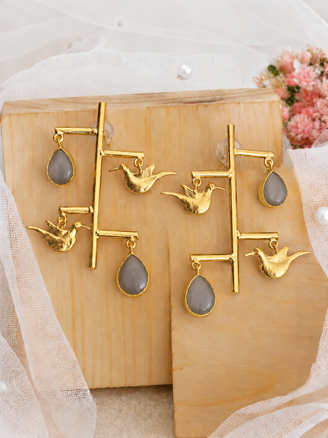 Handmade Brass Hummingbird Branch Earrings with Emerald Green Teardrop Stones | Whimsical Nature-Inspired Drop Dangles for Women