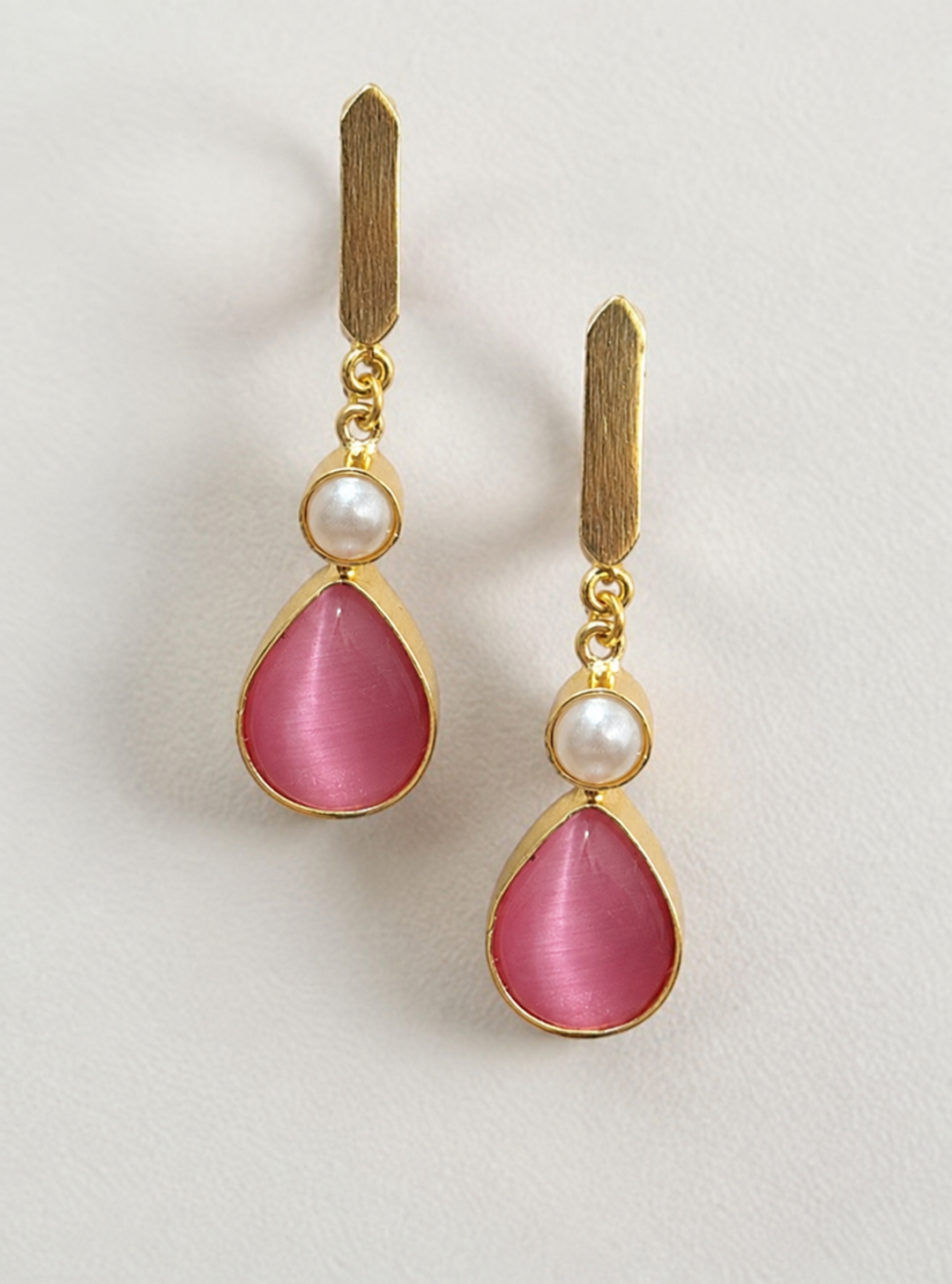 Handmade Brass Drop Earrings, Artisan Pear Stone Dangle Earrings with Pearl Accent, Handcrafted Elegant Jewelry Gift for Her
