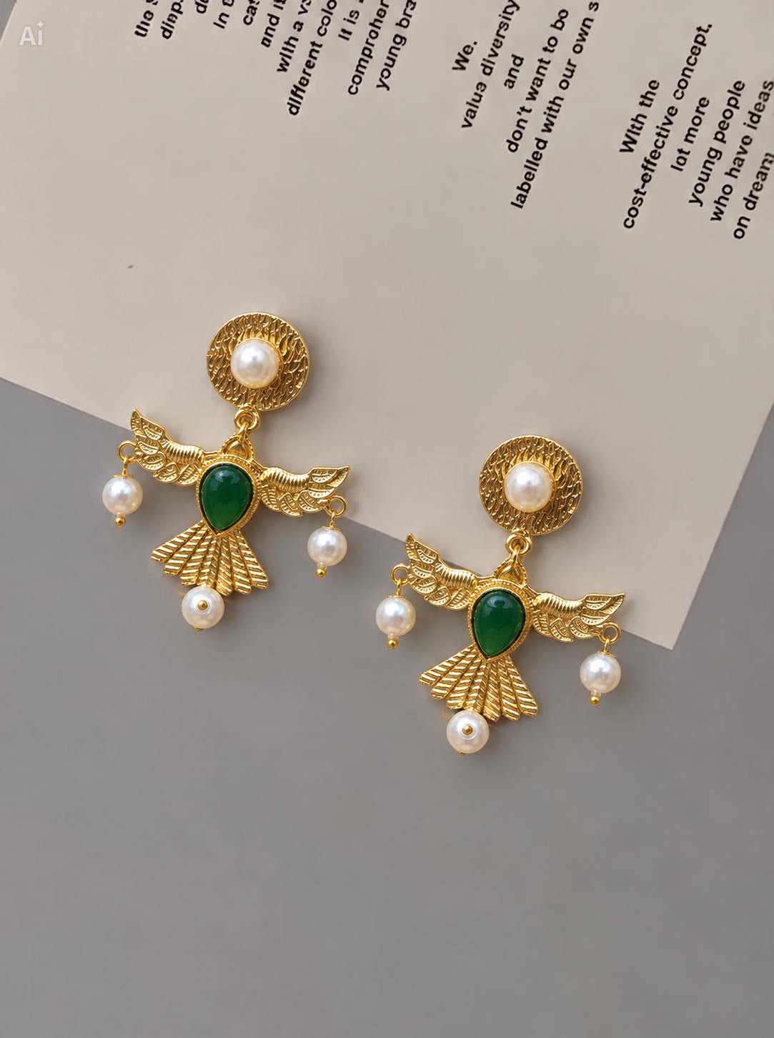 Handmade Brass Flying Bird Drop Earrings, Gold Wing Dangle Earrings with Emerald Green Stone and Pearl Drops, Artisan Statement Jewelry
