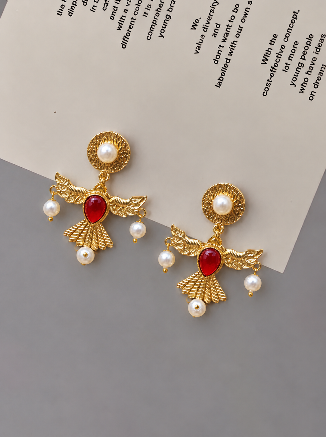 Handmade Brass Flying Bird Drop Earrings, Gold Wing Dangle Earrings with Emerald Green Stone and Pearl Drops, Artisan Statement Jewelry