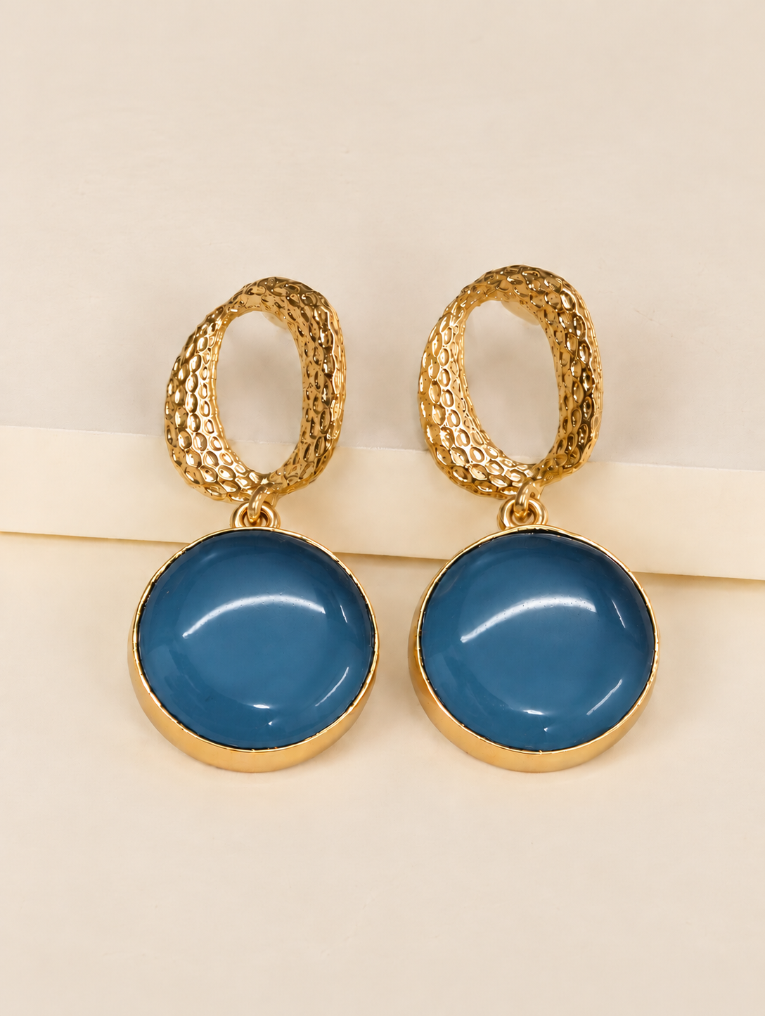 Handcrafted Brass Statement Earrings, Textured Oval Stud with Glossy Black Disc Charm