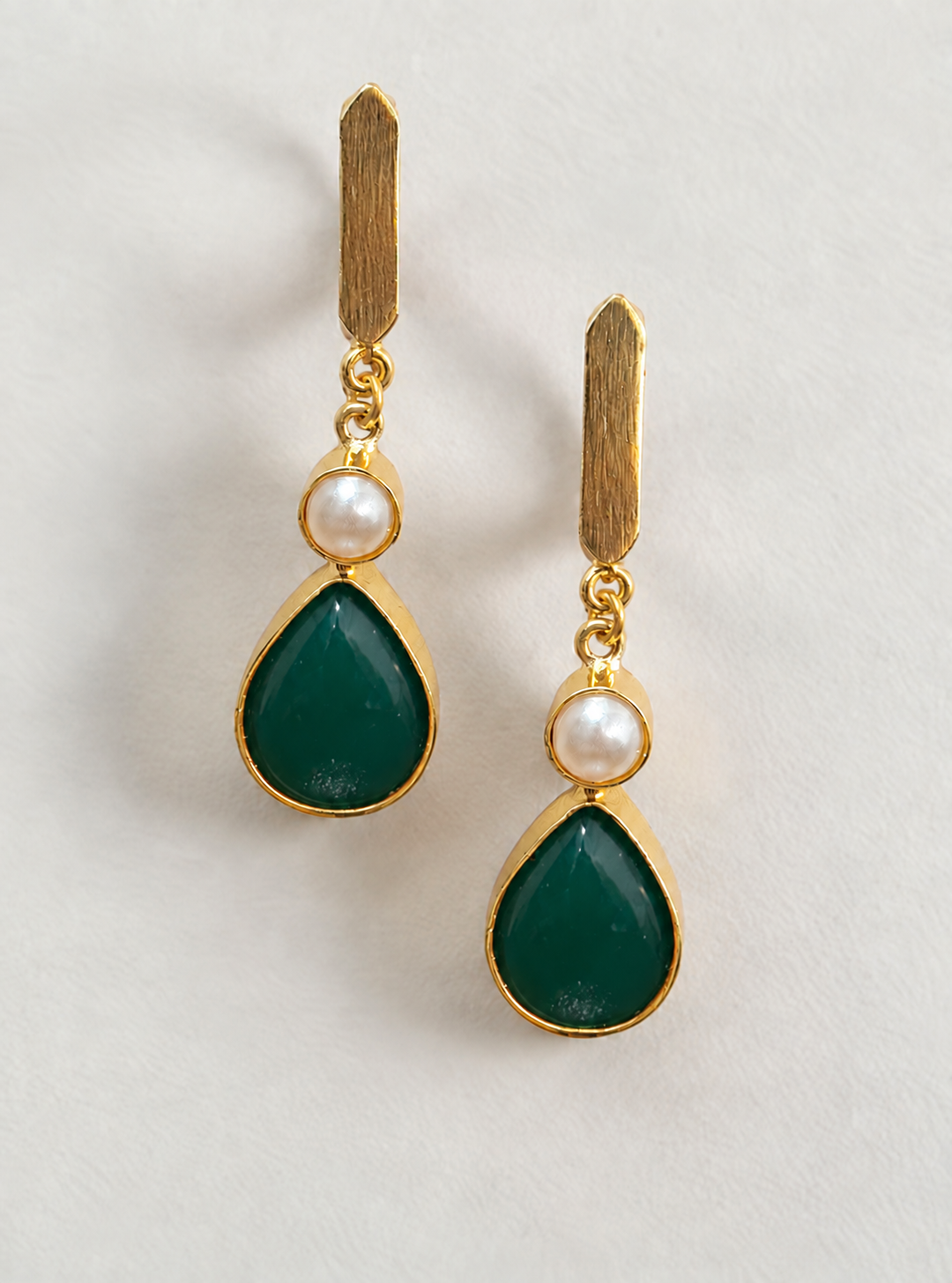 Handmade Brass Drop Earrings, Artisan Pear Stone Dangle Earrings with Pearl Accent, Handcrafted Elegant Jewelry Gift for Her