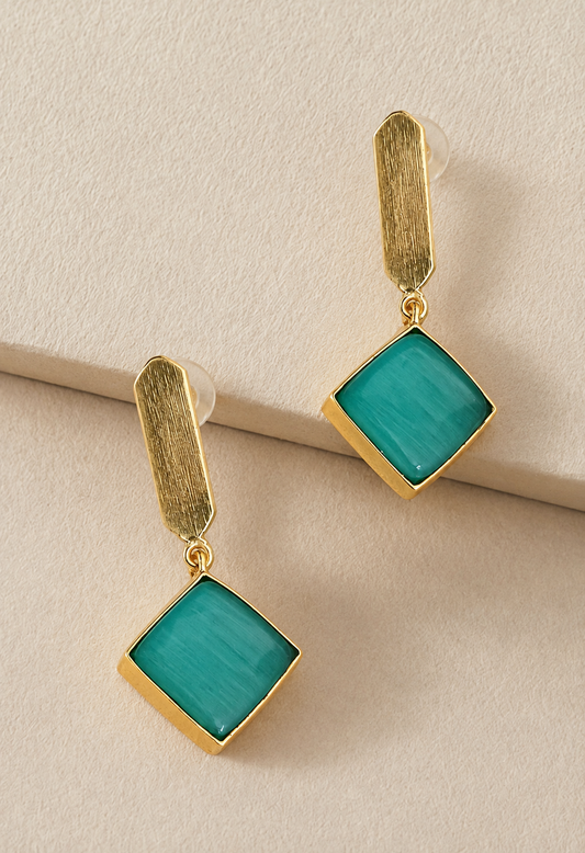 Handmade Brass Geometric Sea Green Stone Drop Earrings