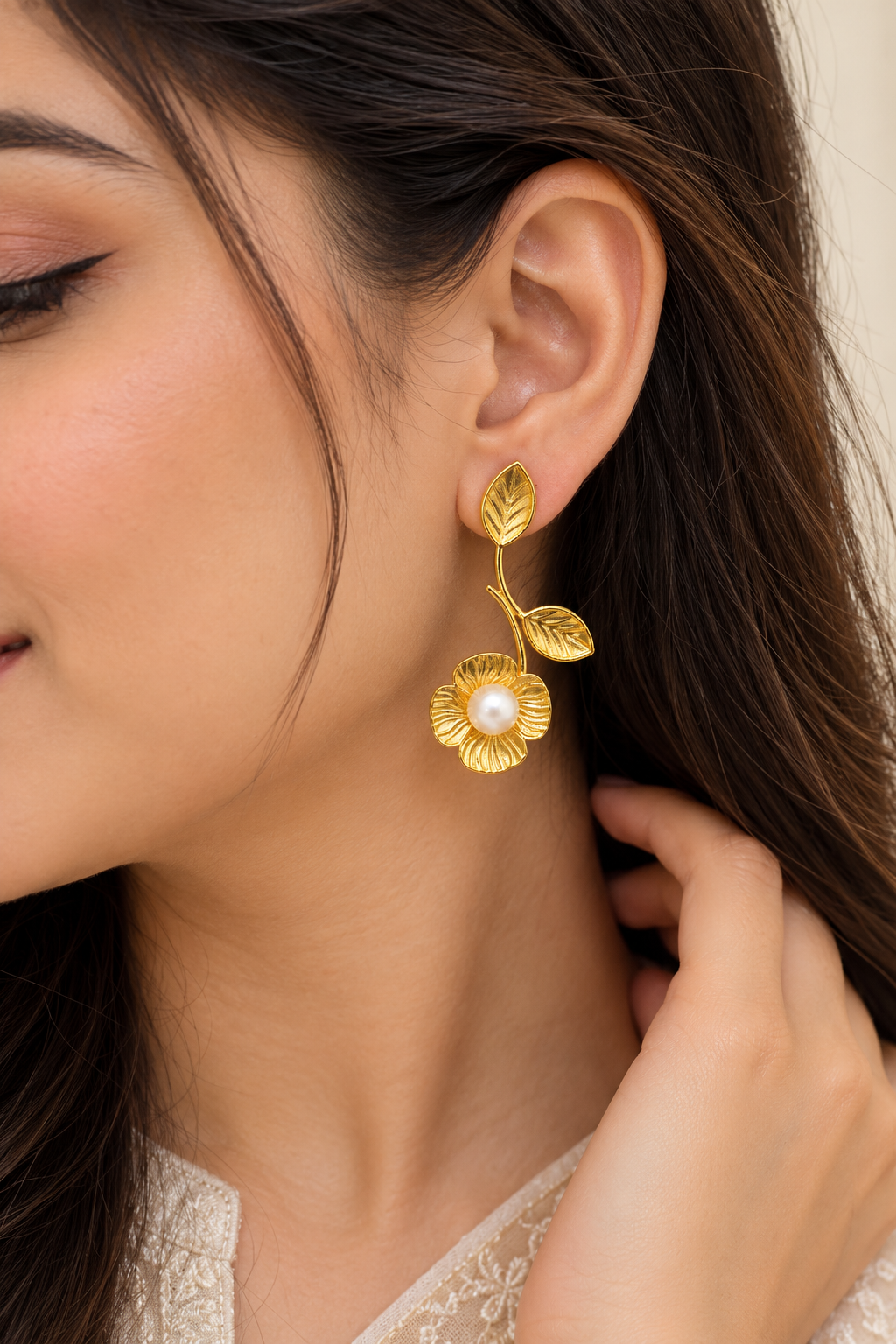 Handmade Brass Floral Drop Earrings, Artisan Leaf Branch Dangle Earrings with Pearl Center, Handcrafted Botanical Statement Jewelry