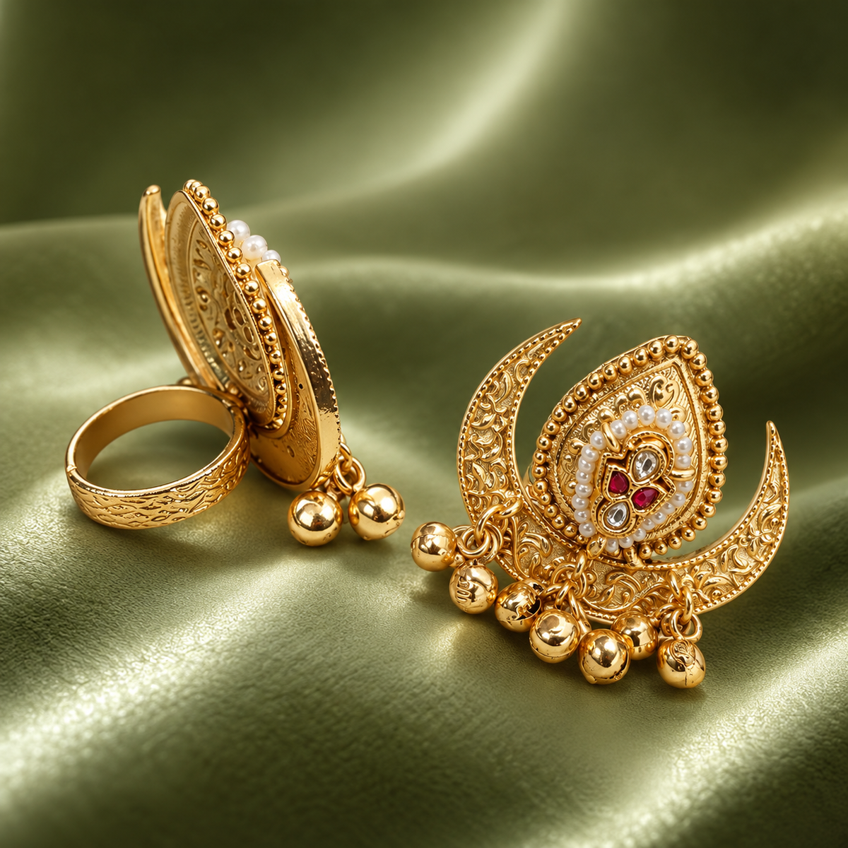 Handmade Brass Crescent Moon Statement Ring, Handcrafted Traditional Floral Filigree Cocktail Ring with Hanging Ghungroo Drops, Artisan Ethnic Jewelry