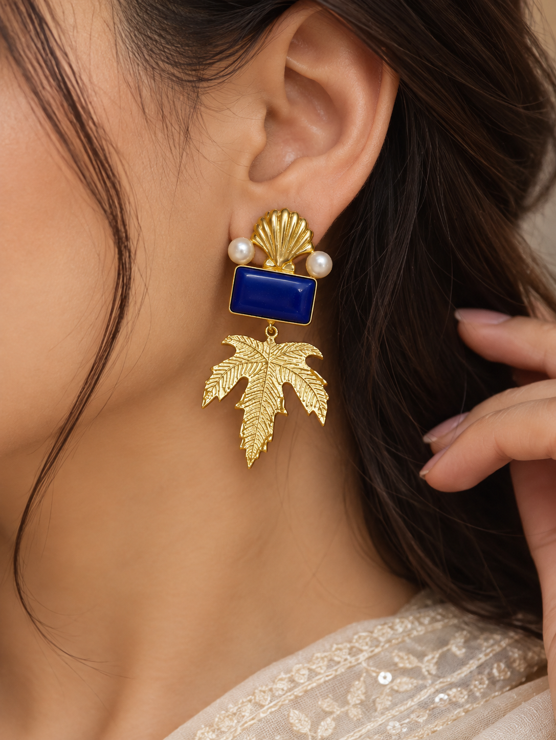 Handmade Brass Lapis Blue Drop Earrings, Seashell Pearl and Palm Leaf Dangle Earrings, Coastal Boho Statement Jewelry for Women