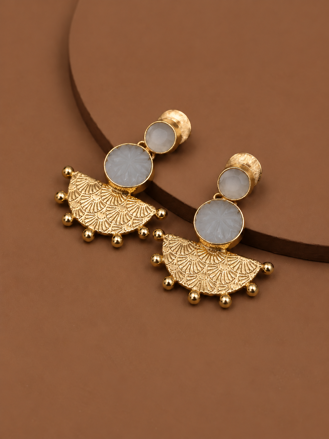 Handmade Brass Fan Drop Earrings, Gold Textured Half Sunburst Earrings with Emerald Green Carved Stones, Artisan Statement Jewelry