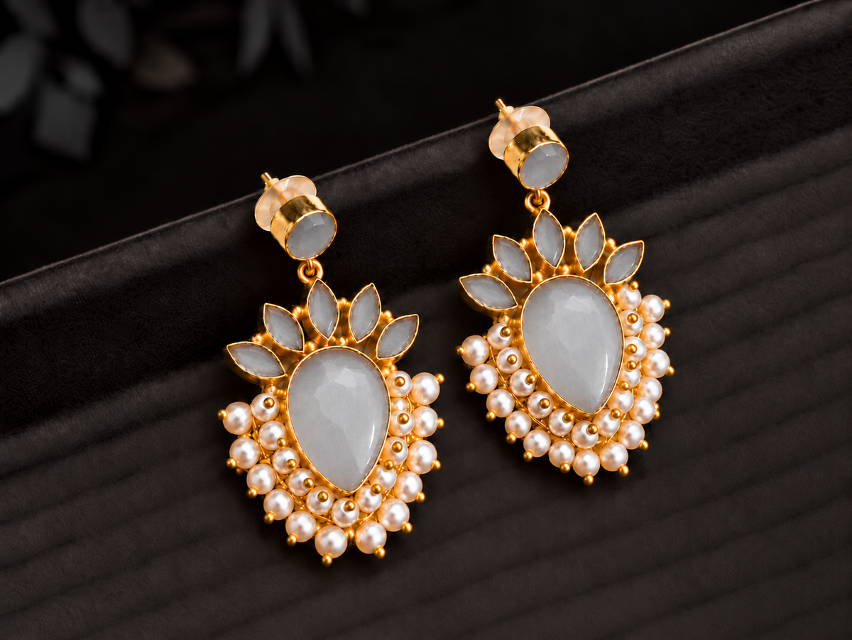 Handmade Brass Ruby Red Stone Drop Earrings, Pearl Cluster Dangle Earrings, Indian Artisan Bridal Statement Jewelry