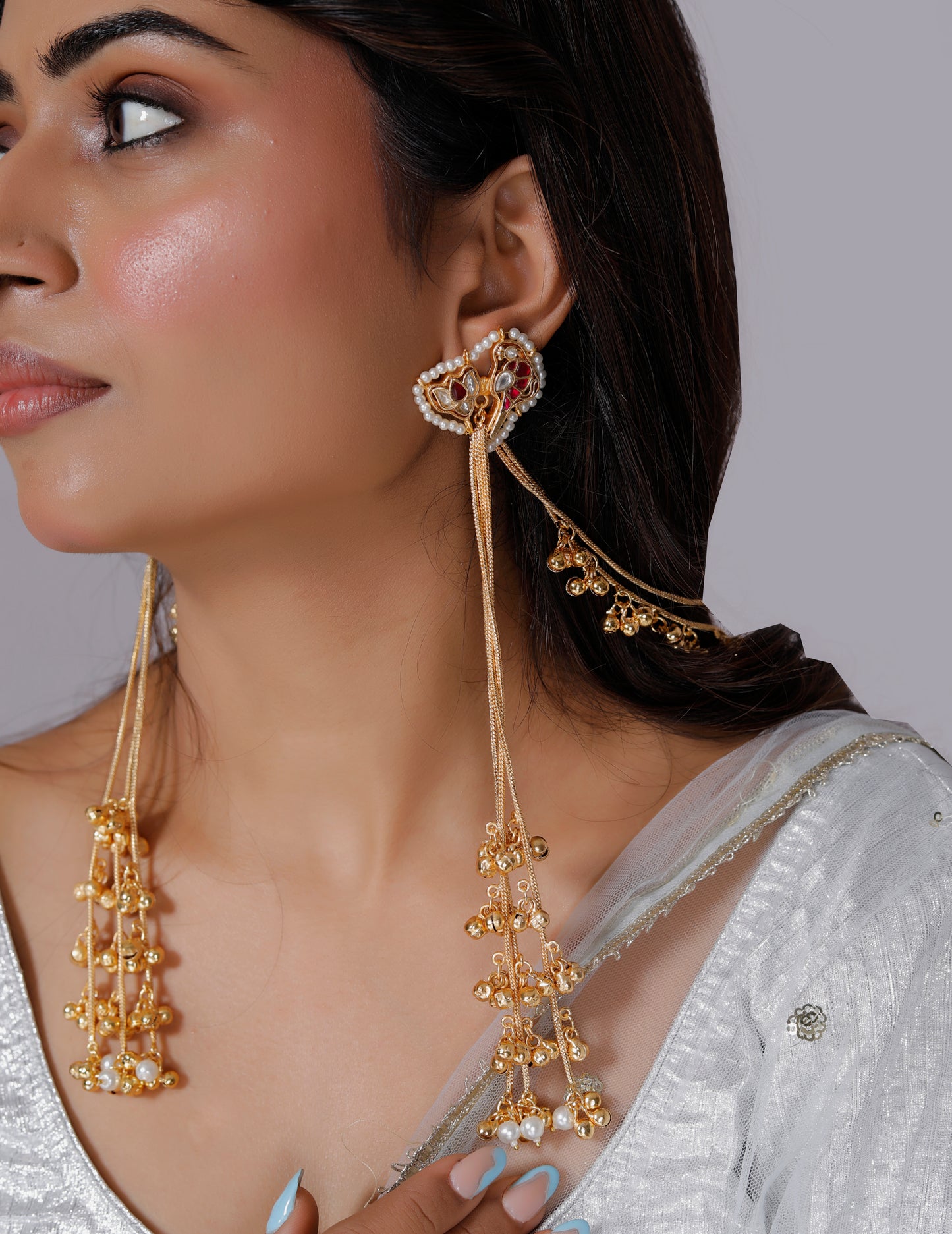 Kashmiri paachi kundan peacock design earring with back chain