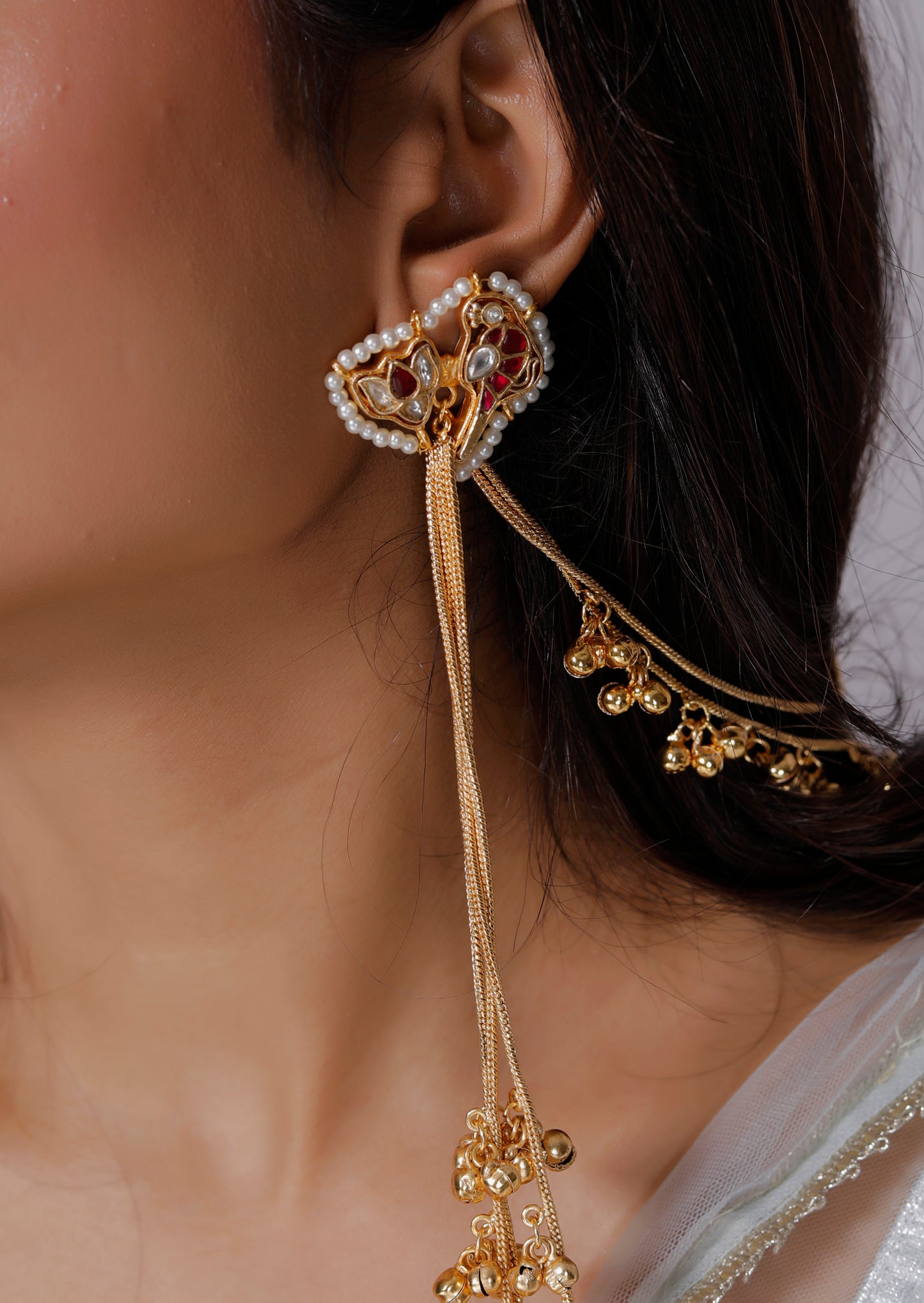 Kashmiri paachi kundan peacock design earring with back chain