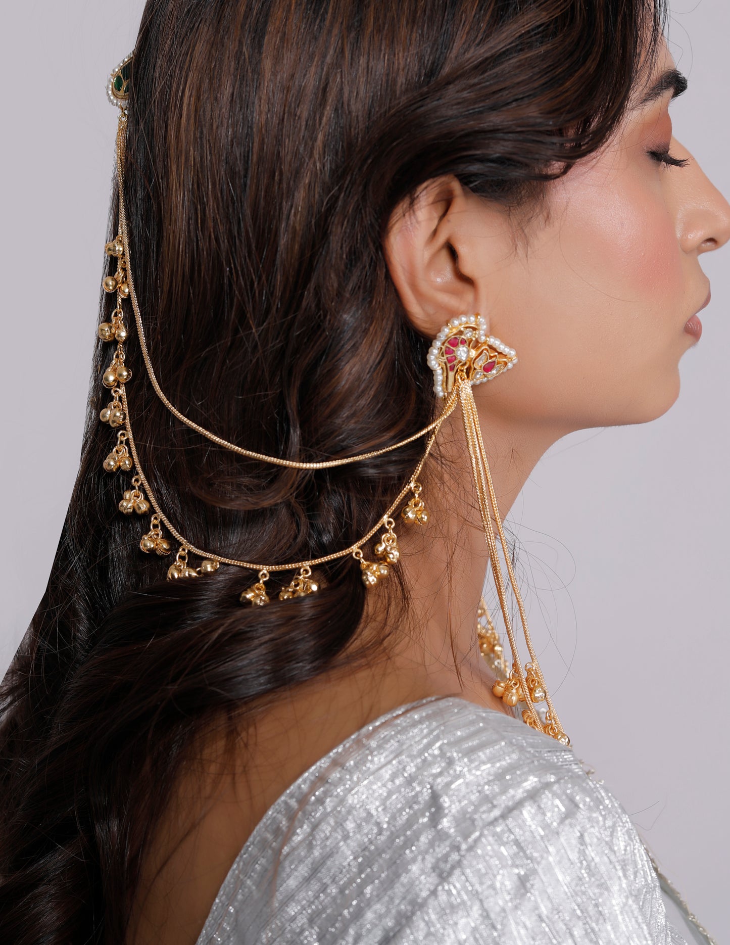 Kashmiri paachi kundan peacock design earring with back chain