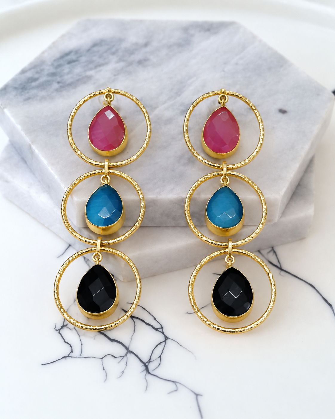 Handmade Brass Dangle Drop Earrings with Multicolor Teardrop Gemstones