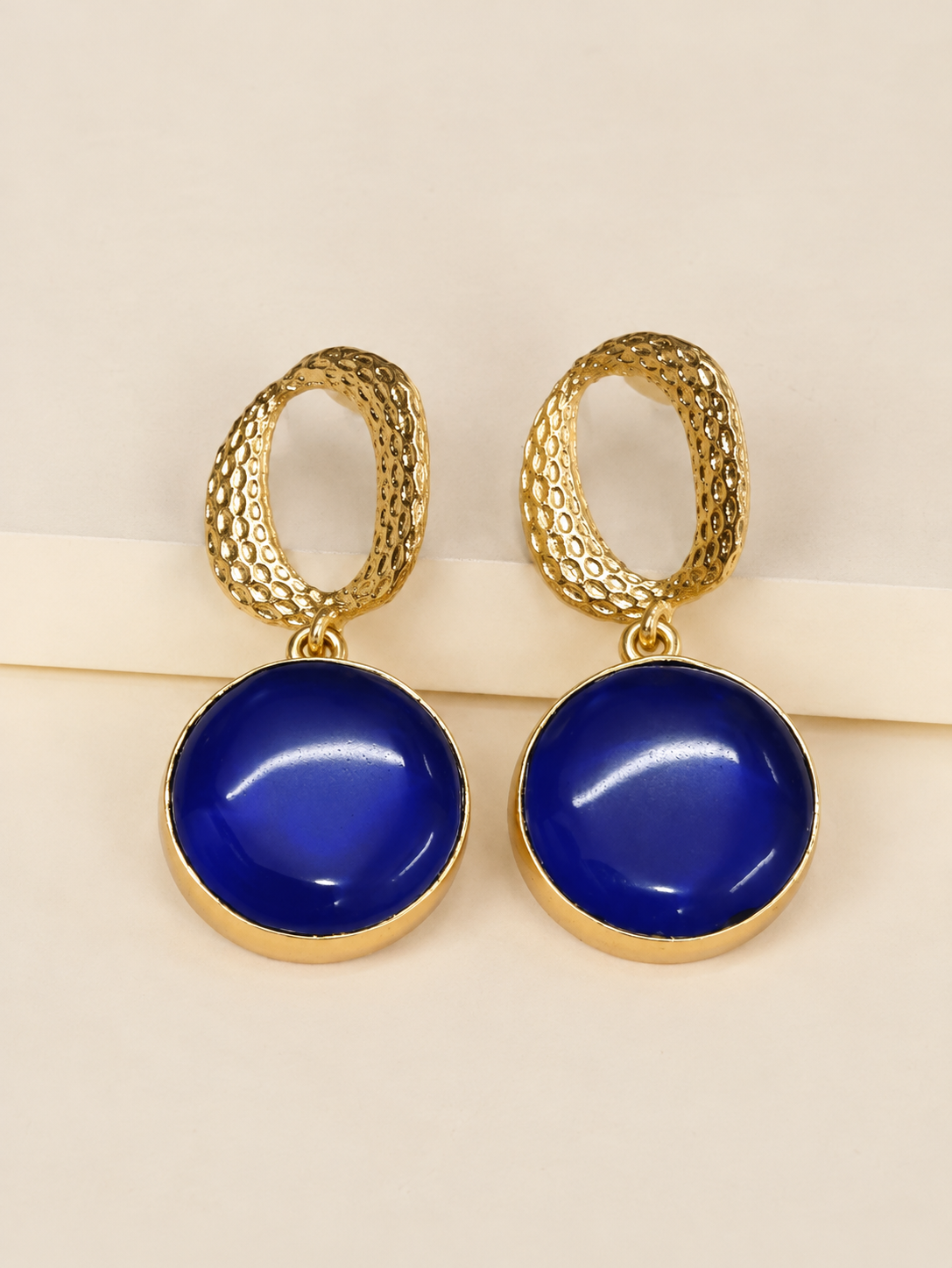 Handcrafted Brass Statement Earrings, Textured Oval Stud with Glossy Black Disc Charm