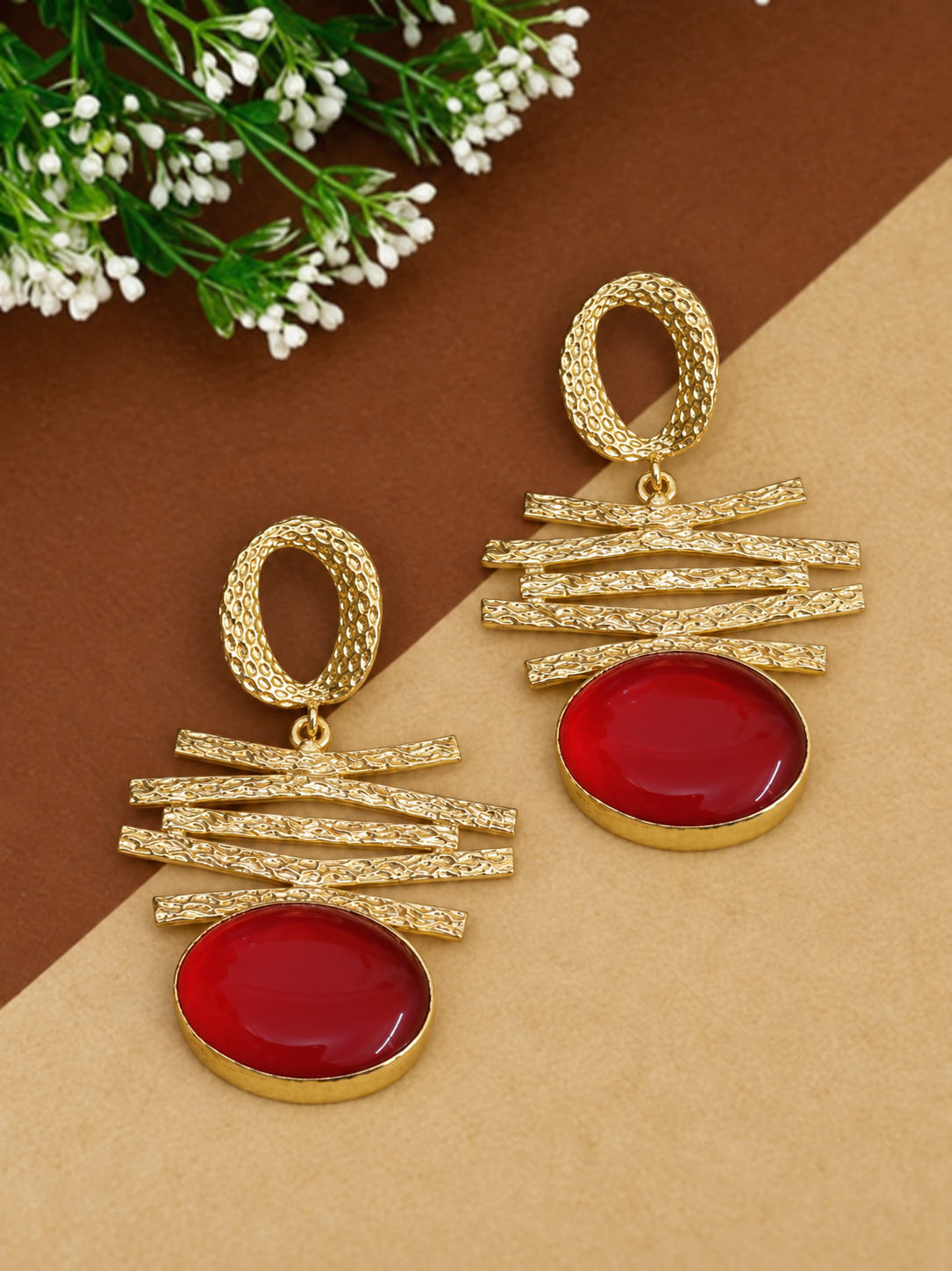 Handmade Brass Dangle Earrings with Rose Pink Cabochon Stone, Textured Geometric Statement Earrings for Women