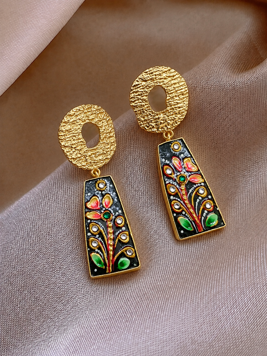 Handmade Brass Butterfly Drop Earrings, Hand Painted Floral Meenakari Oval Dangle Earrings, Vintage Boho Statement Jewelry for Women