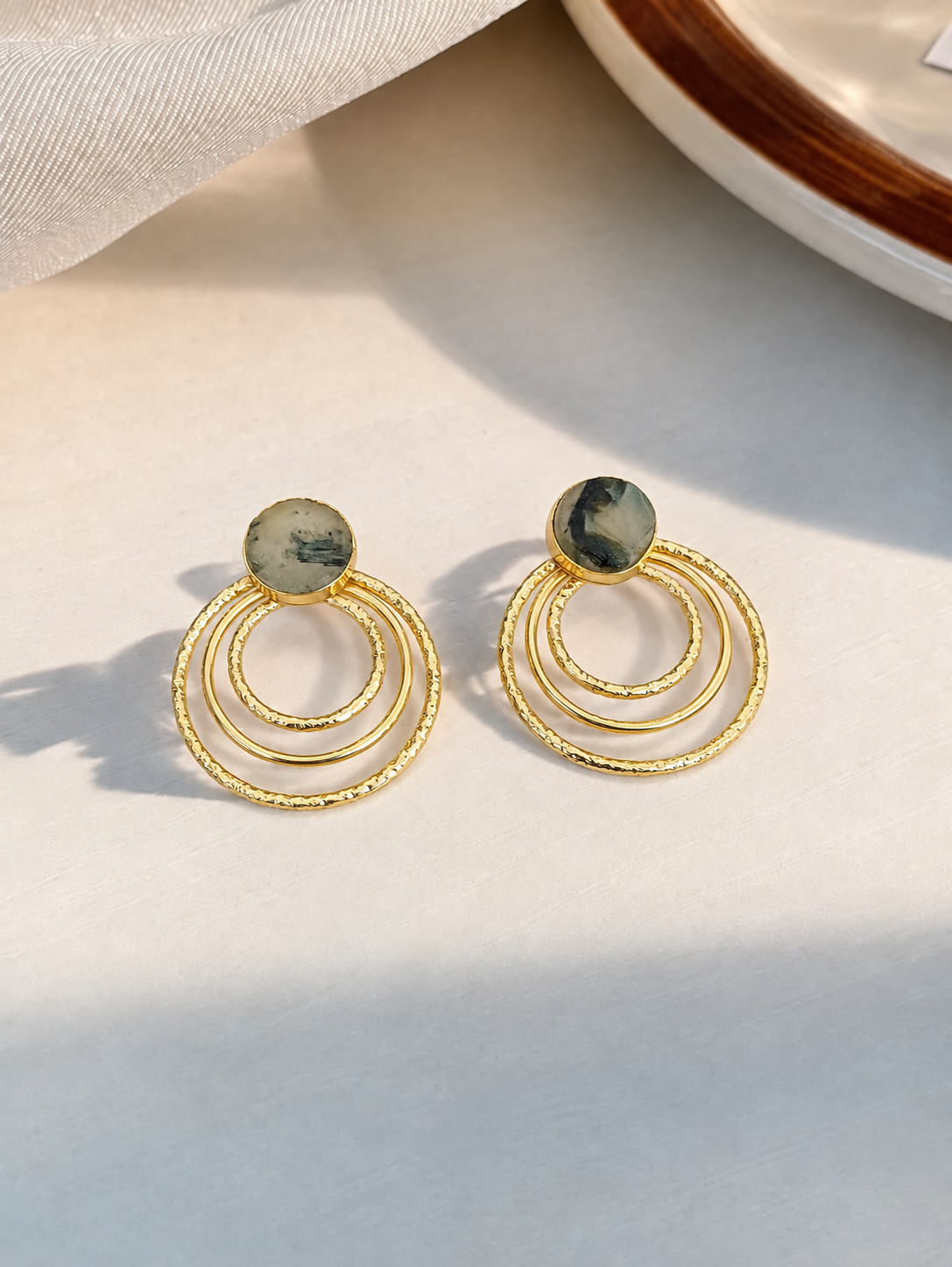 Handmade Gold-Toned Brass Triple-Hoop Dangle Earrings with Natural Stone