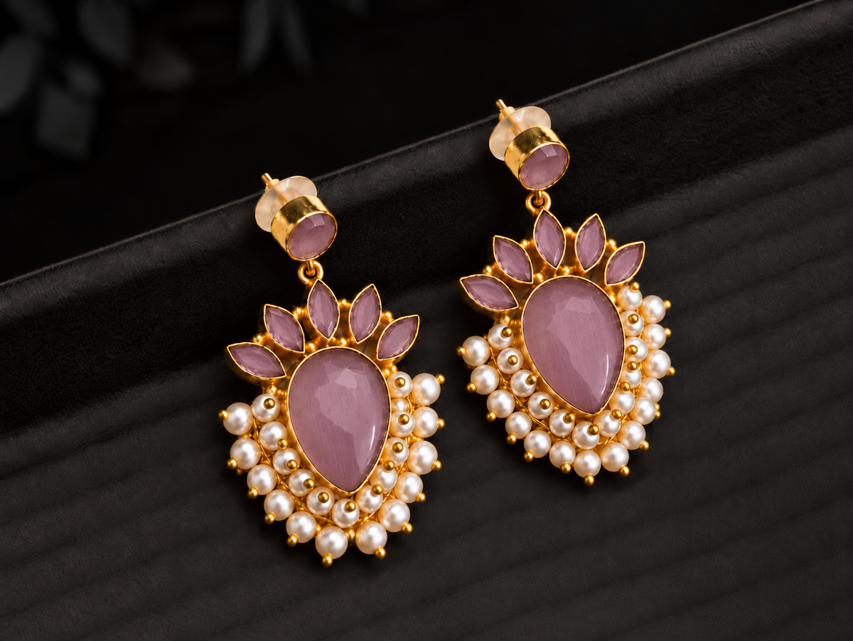 Handmade Brass Ruby Red Stone Drop Earrings, Pearl Cluster Dangle Earrings, Indian Artisan Bridal Statement Jewelry