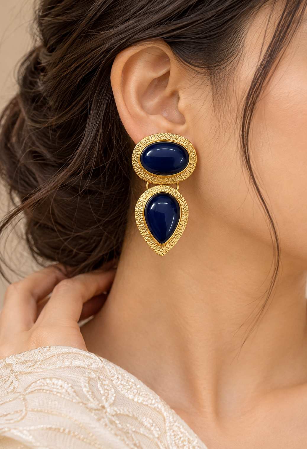 Handmade Brass Drop Earrings with Midnight Blue Cabochon Stones