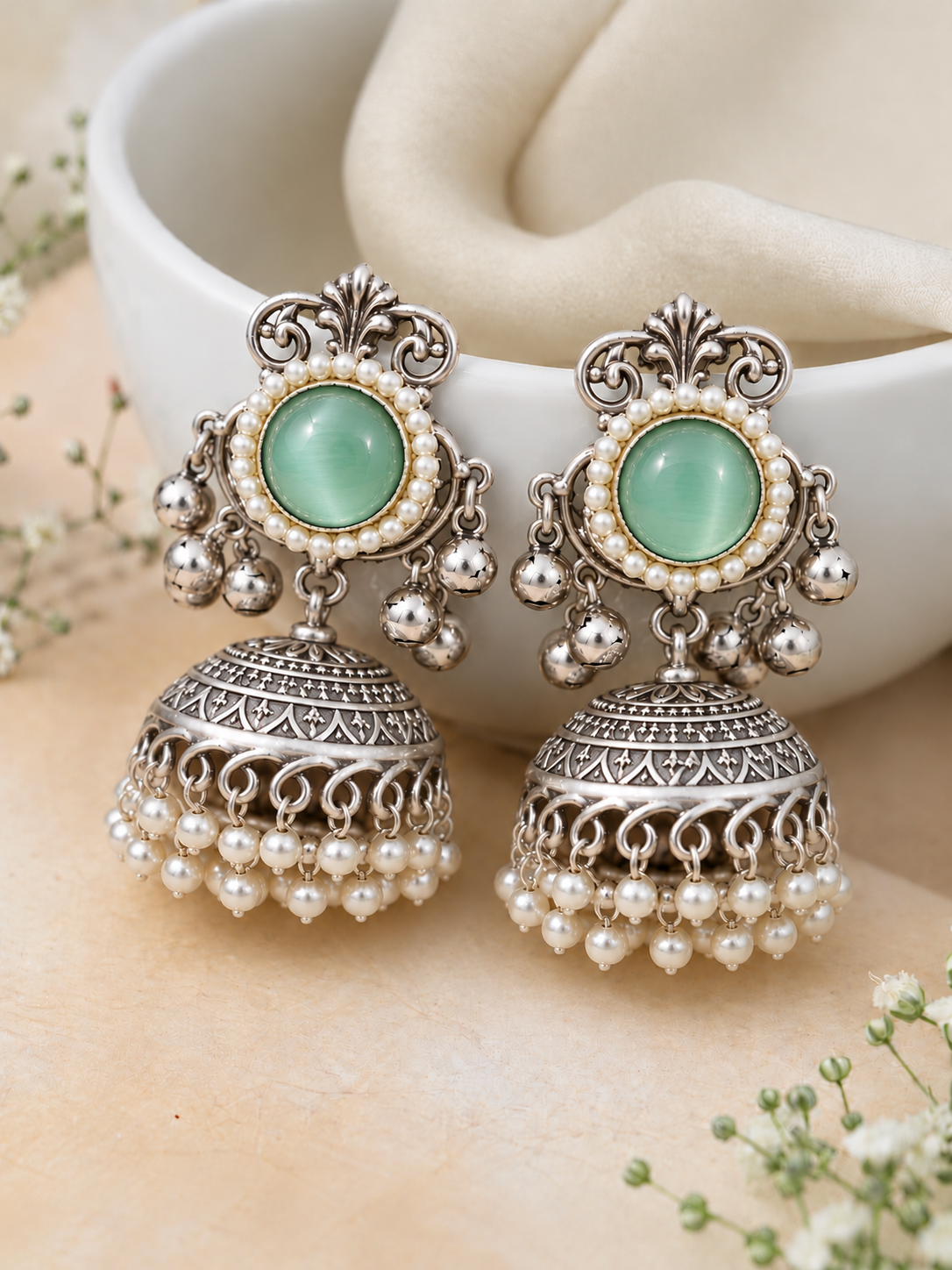 Handmade Kashmiri Brass Jhumka Earrings, Handcrafted Ethnic Drop Jhumki Earrings with Pearl Detailing, Traditional Statement Jewelry
