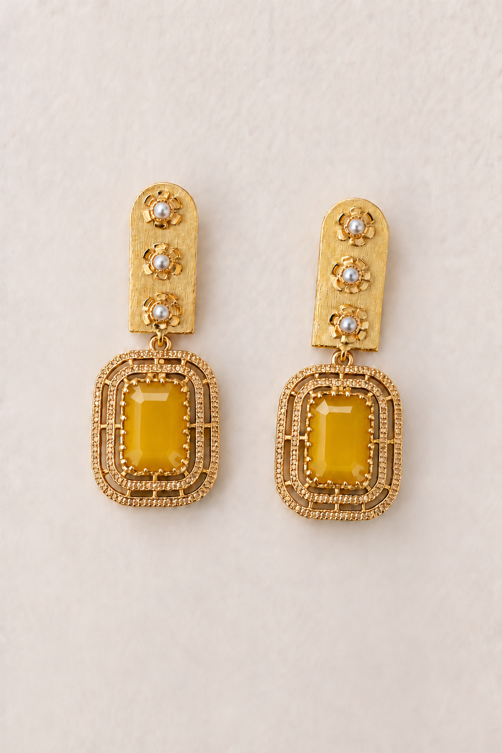 Handmade Brass Statement Drop Earrings – Gold-Plated Amber Yellow Stone & Pearl Accent Dangle Earrings, Artisan Geometric Jewelry