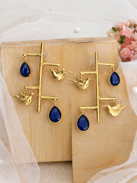 Handmade Brass Hummingbird Branch Earrings with Emerald Green Teardrop Stones | Whimsical Nature-Inspired Drop Dangles for Women