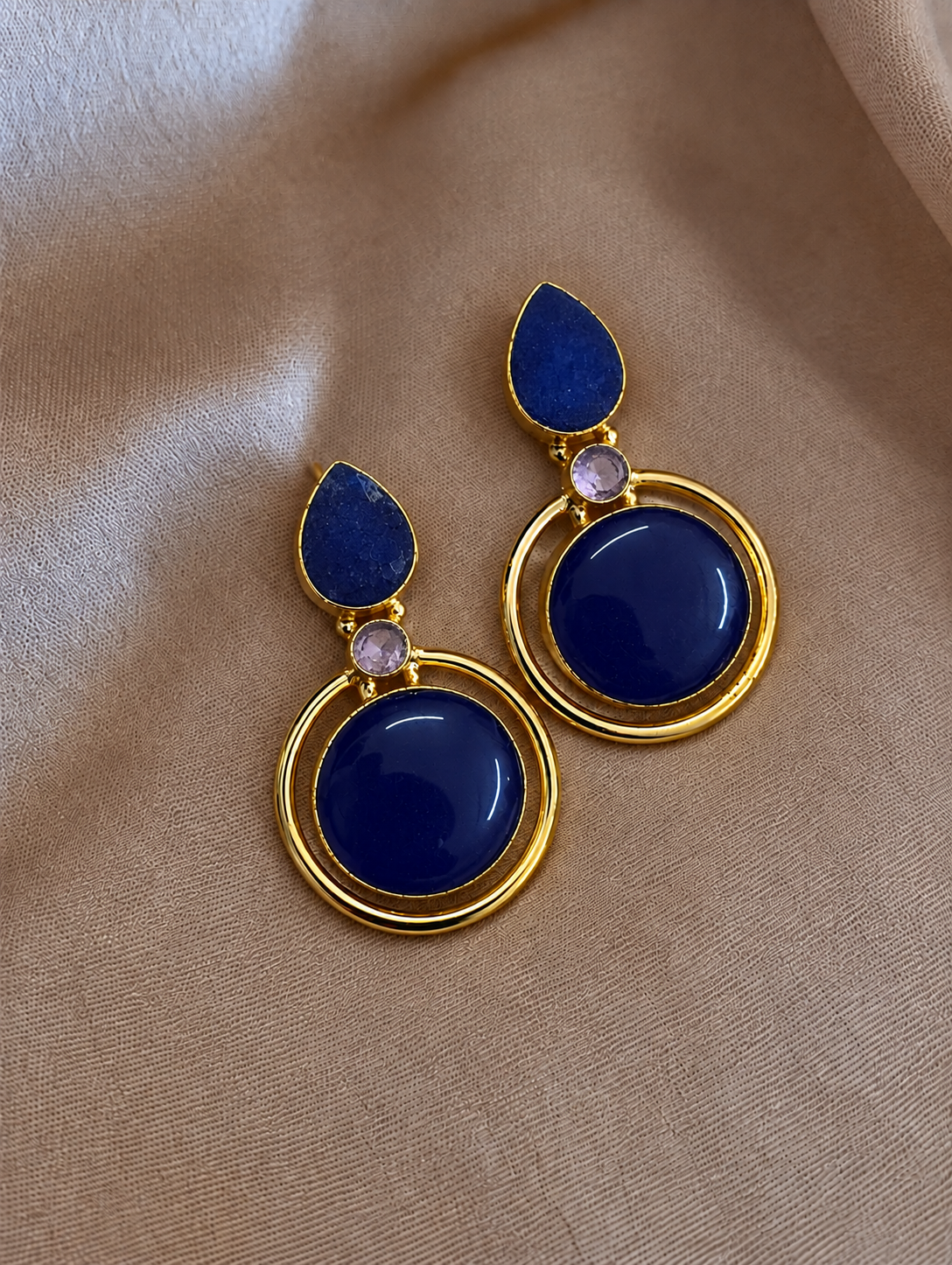 Handmade Brass Peach Moonstone Dangle Earrings, Circle Drop Teardrop Post Earrings, Elegant Gold Gemstone Statement Jewelry for Her