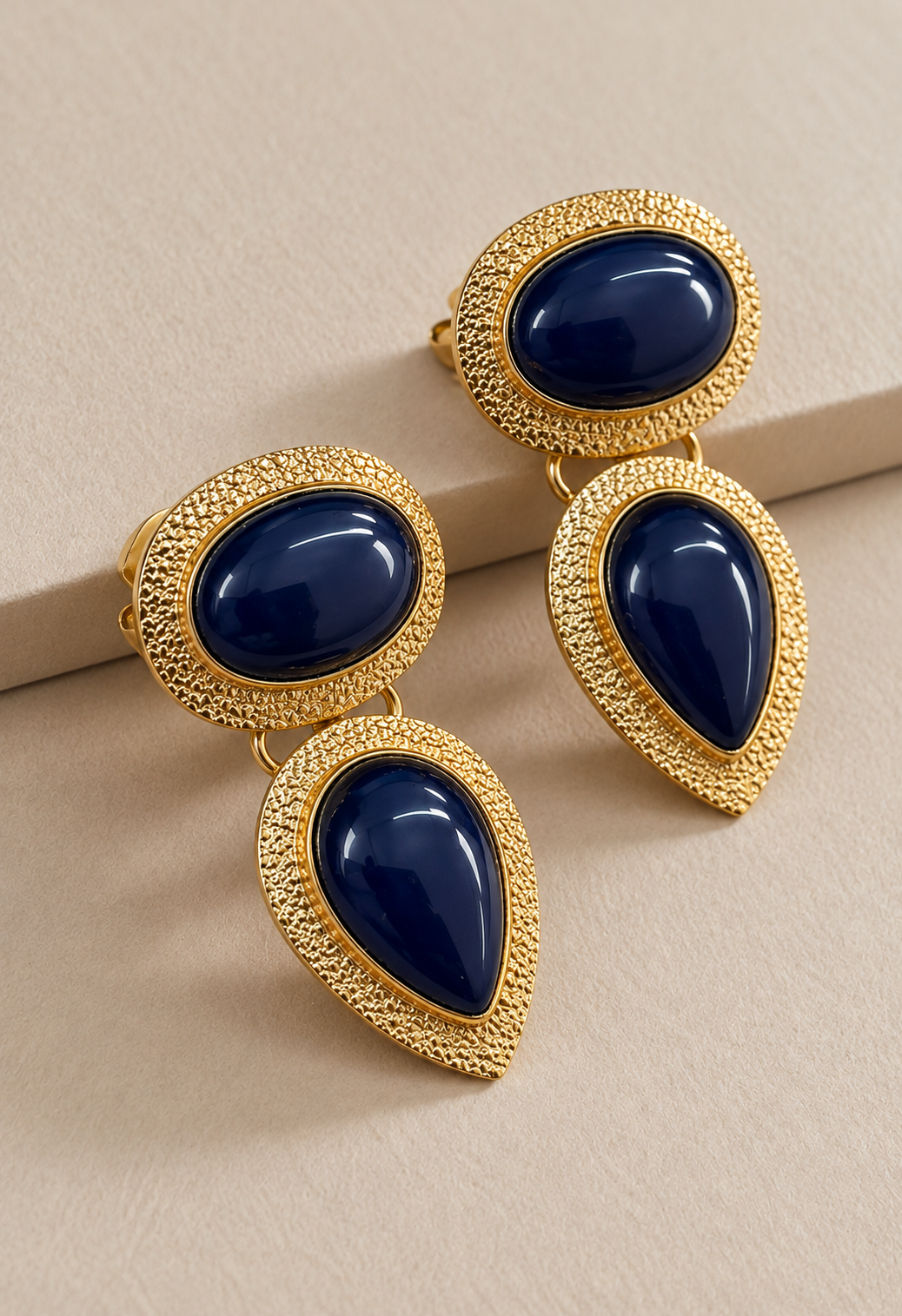 Handmade Brass Drop Earrings with Midnight Blue Cabochon Stones