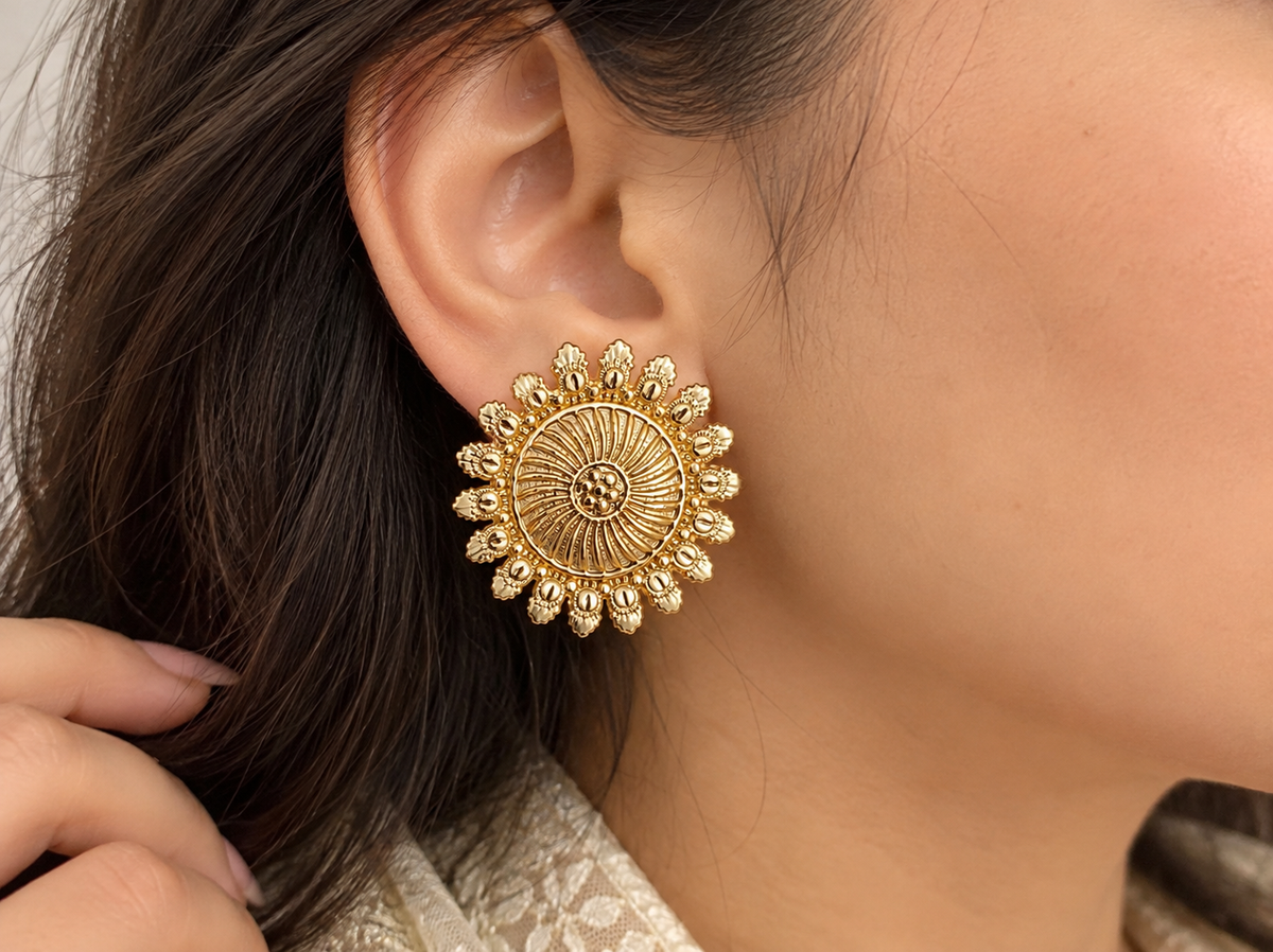 Handcrafted Brass Solar Disc Statement Studs – Bohemian Engraved Floral Medallion Earrings