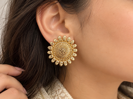 Handcrafted Brass Solar Disc Statement Studs – Bohemian Engraved Floral Medallion Earrings