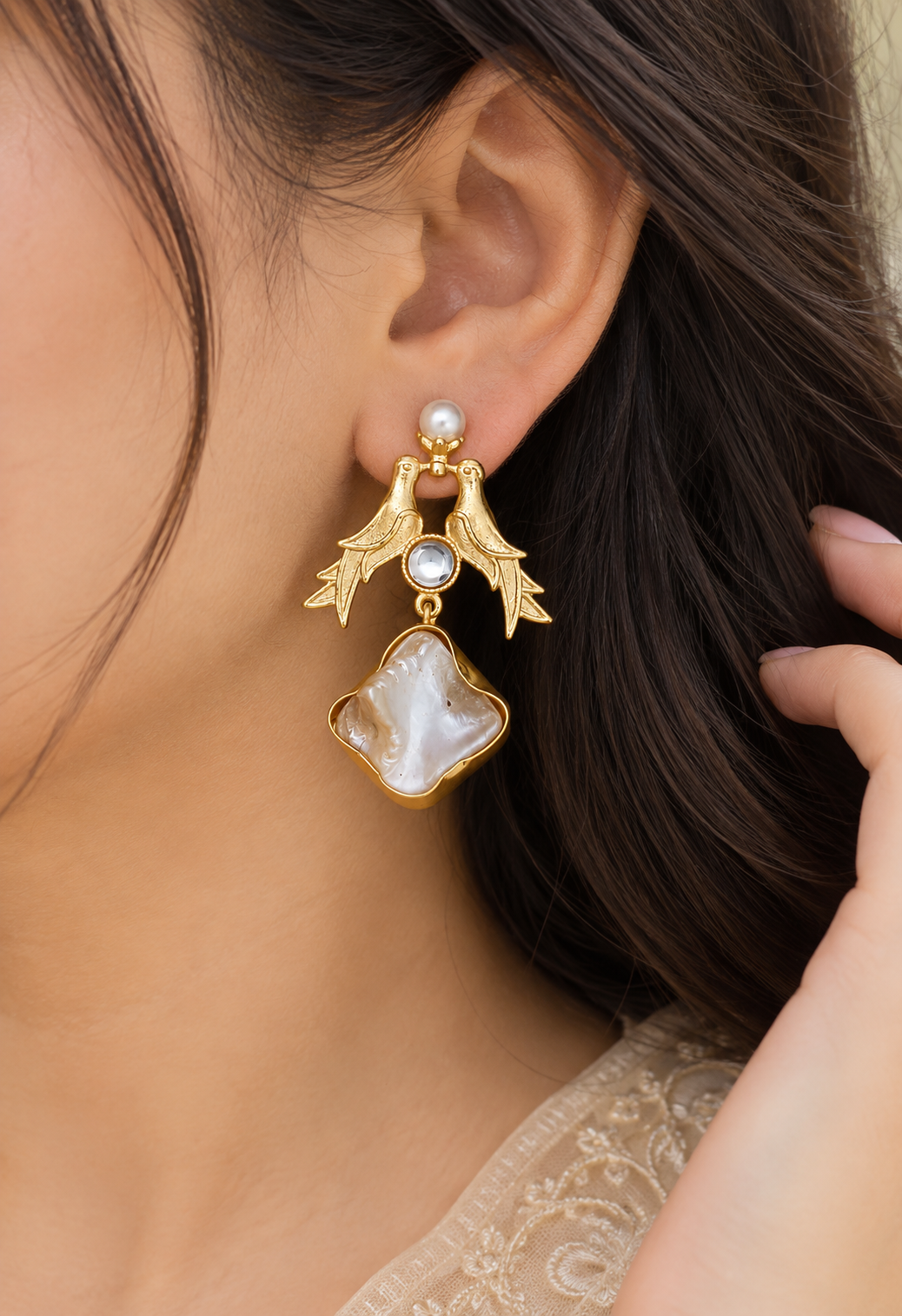 Handmade Gold-Tone Brass Bird Drop Earrings with Irregular Pearl