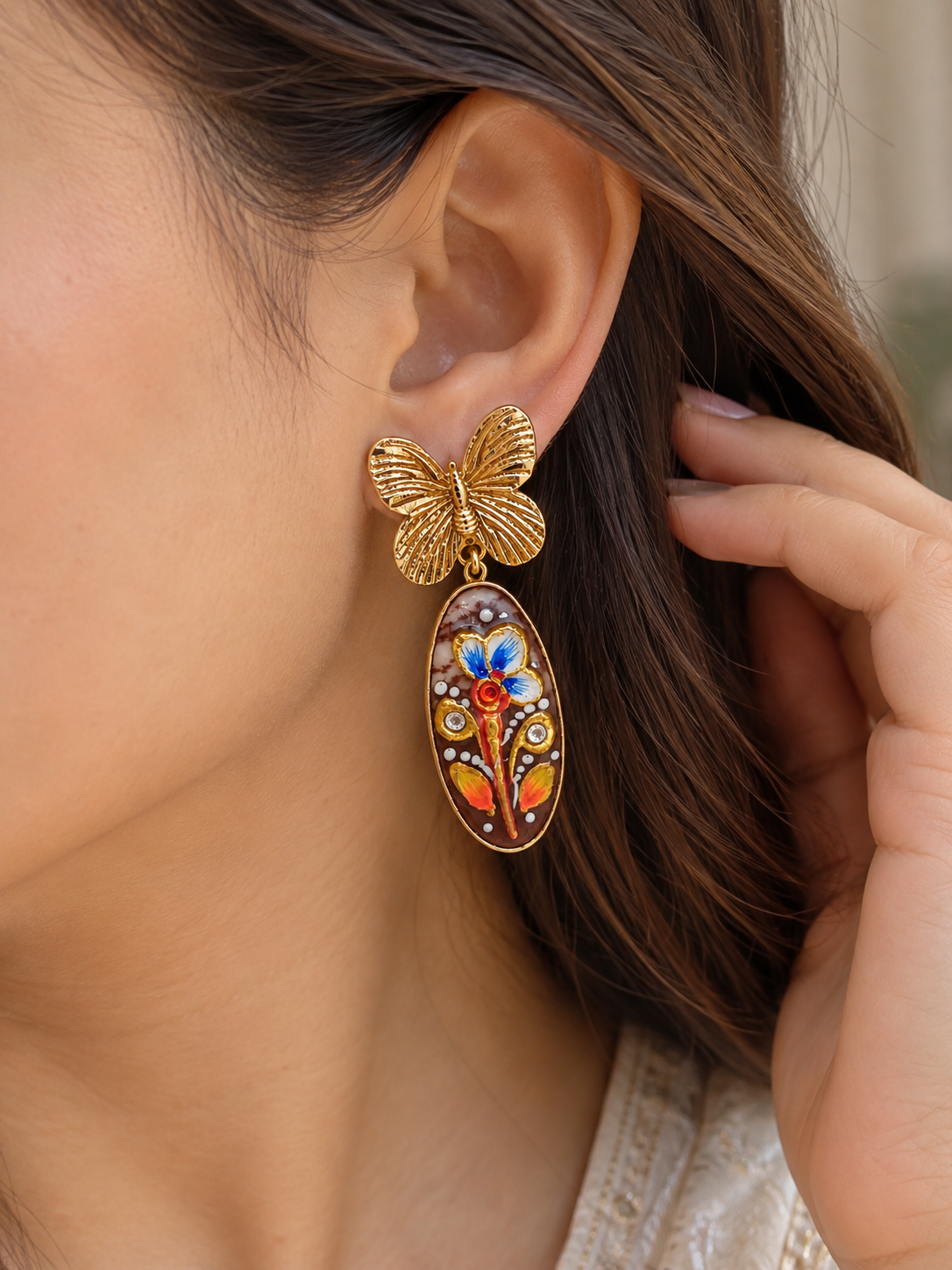 Handmade Brass Butterfly Drop Earrings, Hand Painted Floral Meenakari Oval Dangle Earrings, Vintage Boho Statement Jewelry for Women
