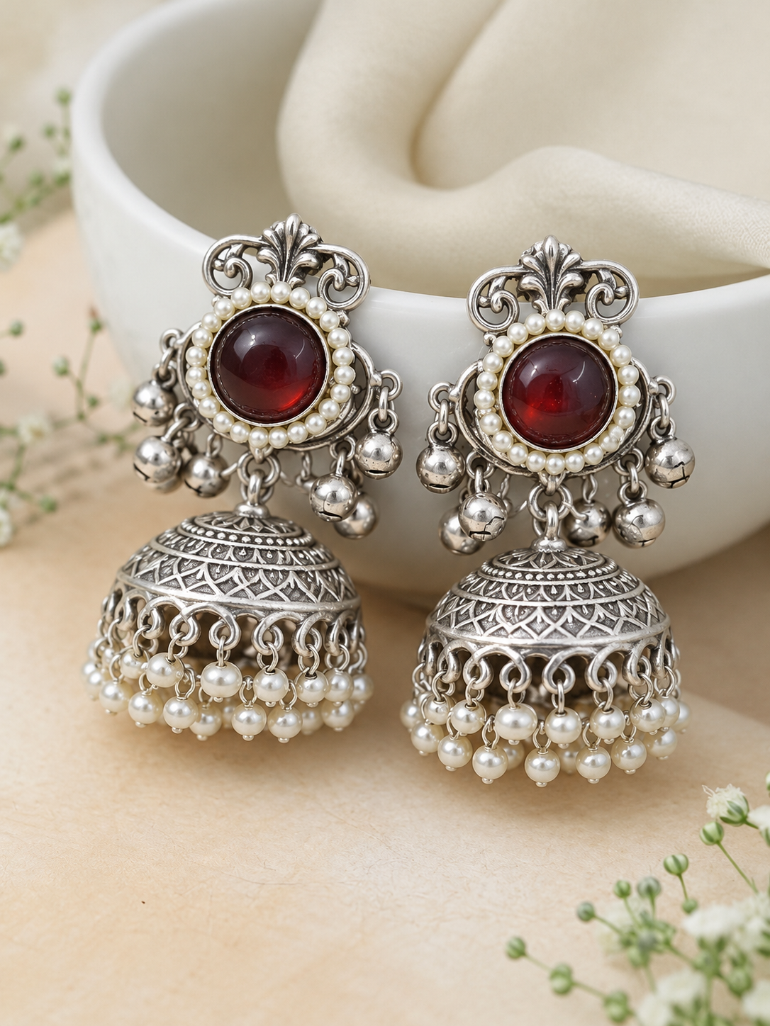 Handmade Kashmiri Brass Jhumka Earrings, Handcrafted Ethnic Drop Jhumki Earrings with Pearl Detailing, Traditional Statement Jewelry