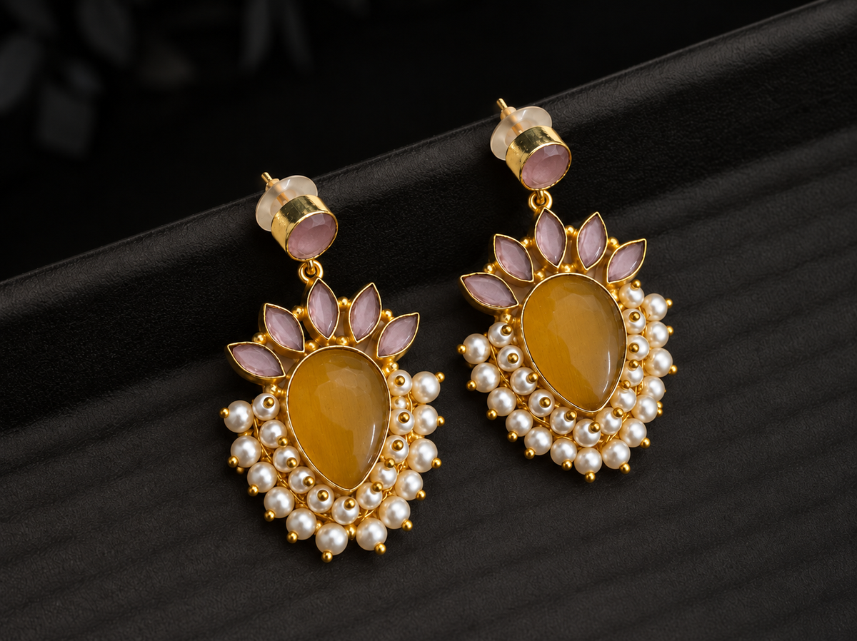 Handmade Brass Ruby Red Stone Drop Earrings, Pearl Cluster Dangle Earrings, Indian Artisan Bridal Statement Jewelry