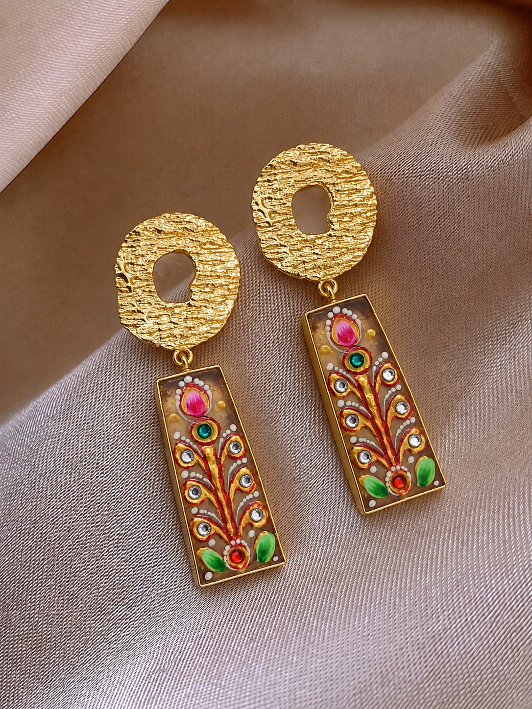 Handmade Brass Butterfly Drop Earrings, Hand Painted Floral Meenakari Oval Dangle Earrings, Vintage Boho Statement Jewelry for Women
