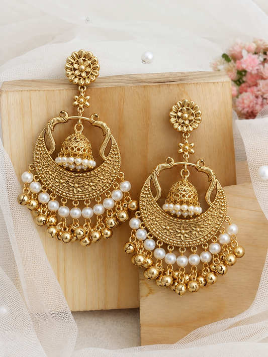 Handmade Brass Kashmiri Chandbali Earrings, Handcrafted Ethnic Jhumka Dangles with Pearl Drops, Traditional Artisan Statement Bridal Jewelry