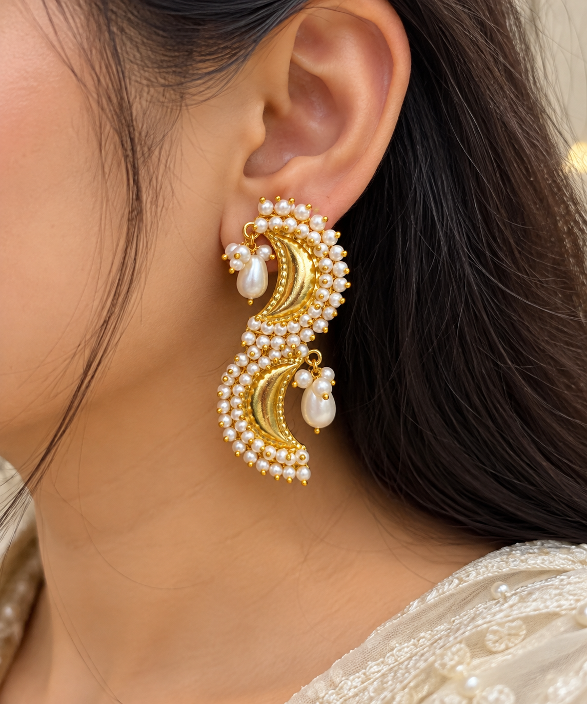Handmade Brass S-Curve Pearl Statement Earrings with Teardrop Dangles