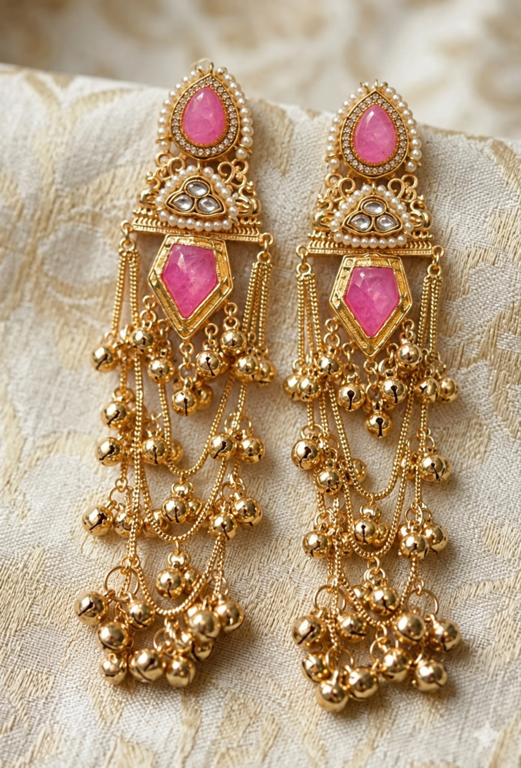 Handmade Brass Kashmiri Earrings, Artisan Multi-Tier Waterfall Ghungroo Dangles with Faceted Gemstones, Traditional Ethnic Statement Bridal Jewelry