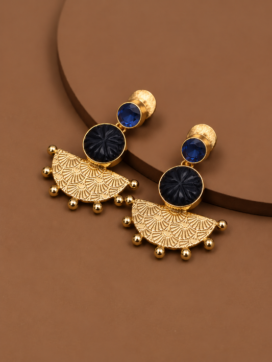 Handmade Brass Fan Drop Earrings, Gold Textured Half Sunburst Earrings with Emerald Green Carved Stones, Artisan Statement Jewelry