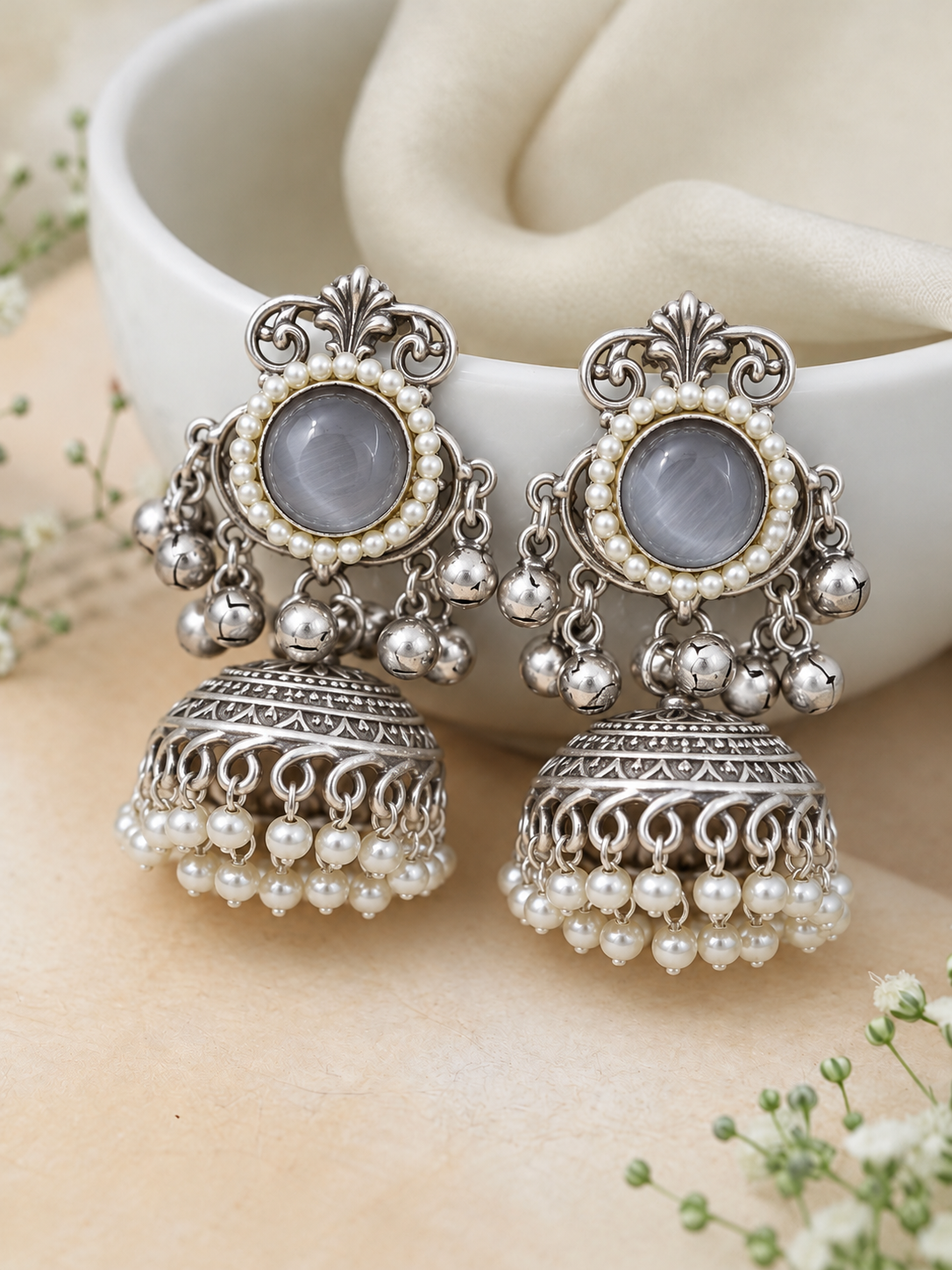 Handmade Kashmiri Brass Jhumka Earrings, Handcrafted Ethnic Drop Jhumki Earrings with Pearl Detailing, Traditional Statement Jewelry