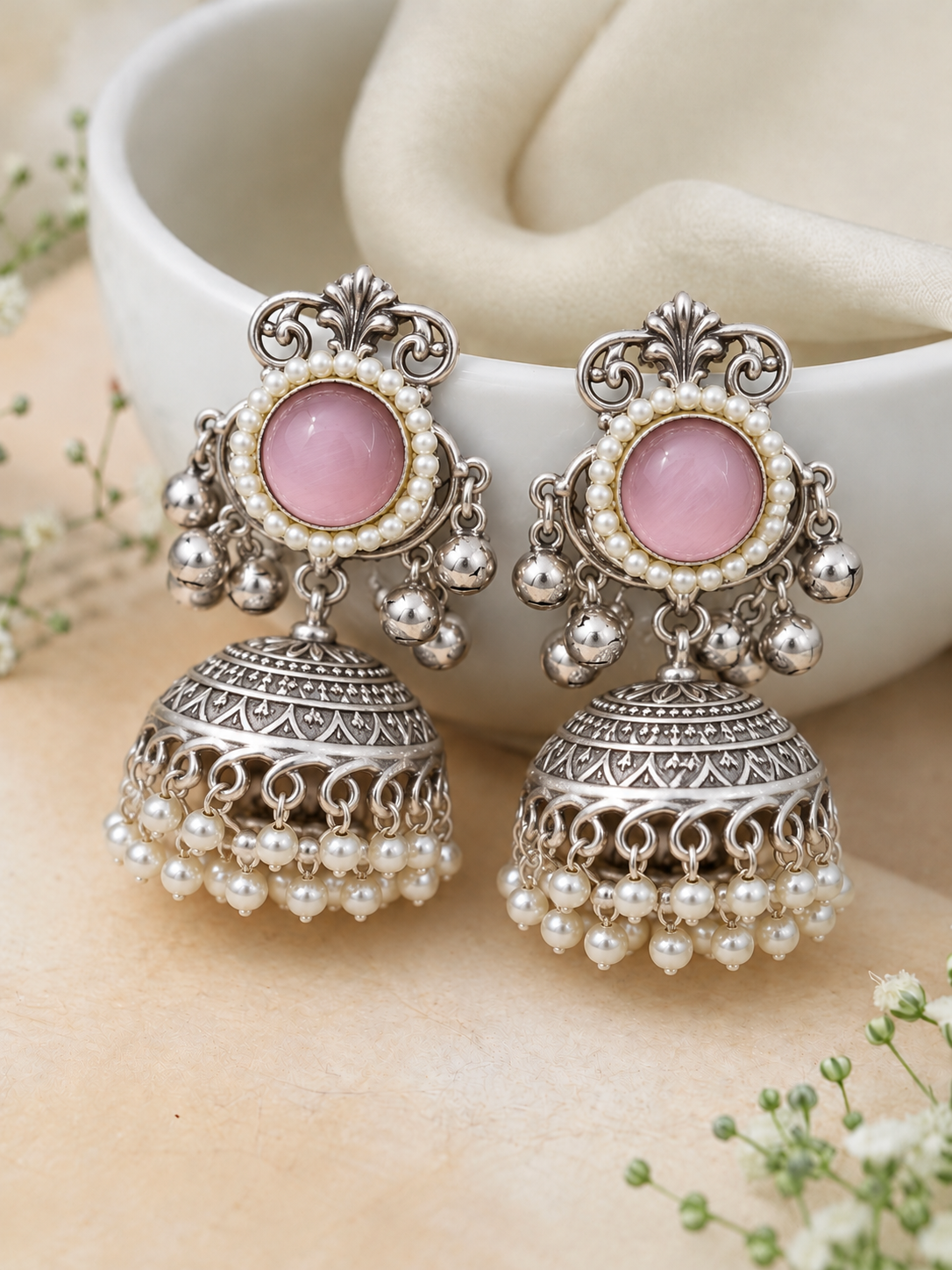 Handmade Kashmiri Brass Jhumka Earrings, Handcrafted Ethnic Drop Jhumki Earrings with Pearl Detailing, Traditional Statement Jewelry