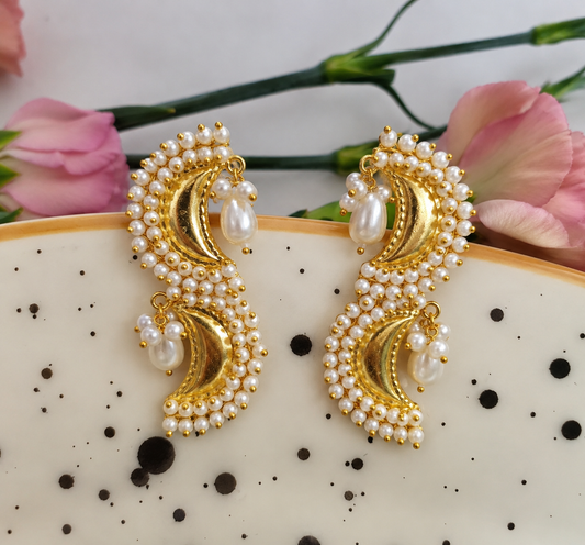 Handmade Brass S-Curve Pearl Statement Earrings with Teardrop Dangles