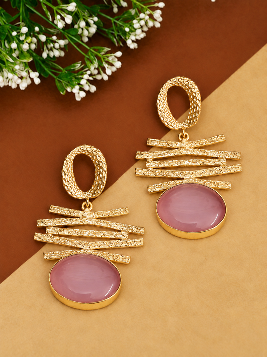 Handmade Brass Dangle Earrings with Rose Pink Cabochon Stone, Textured Geometric Statement Earrings for Women
