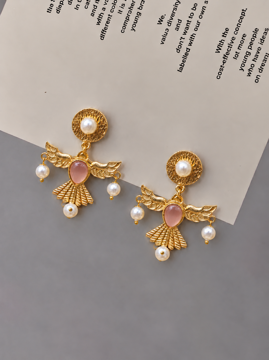 Handmade Brass Flying Bird Drop Earrings, Gold Wing Dangle Earrings with Emerald Green Stone and Pearl Drops, Artisan Statement Jewelry