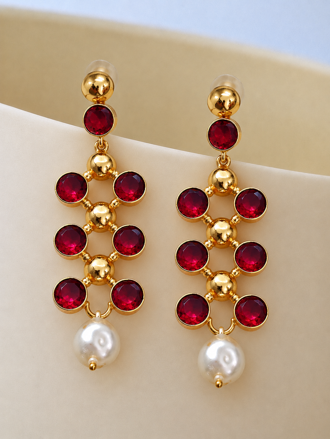 Handmade Brass Ruby Red Stone Long Drop Earrings with Baroque Pearl Dangles