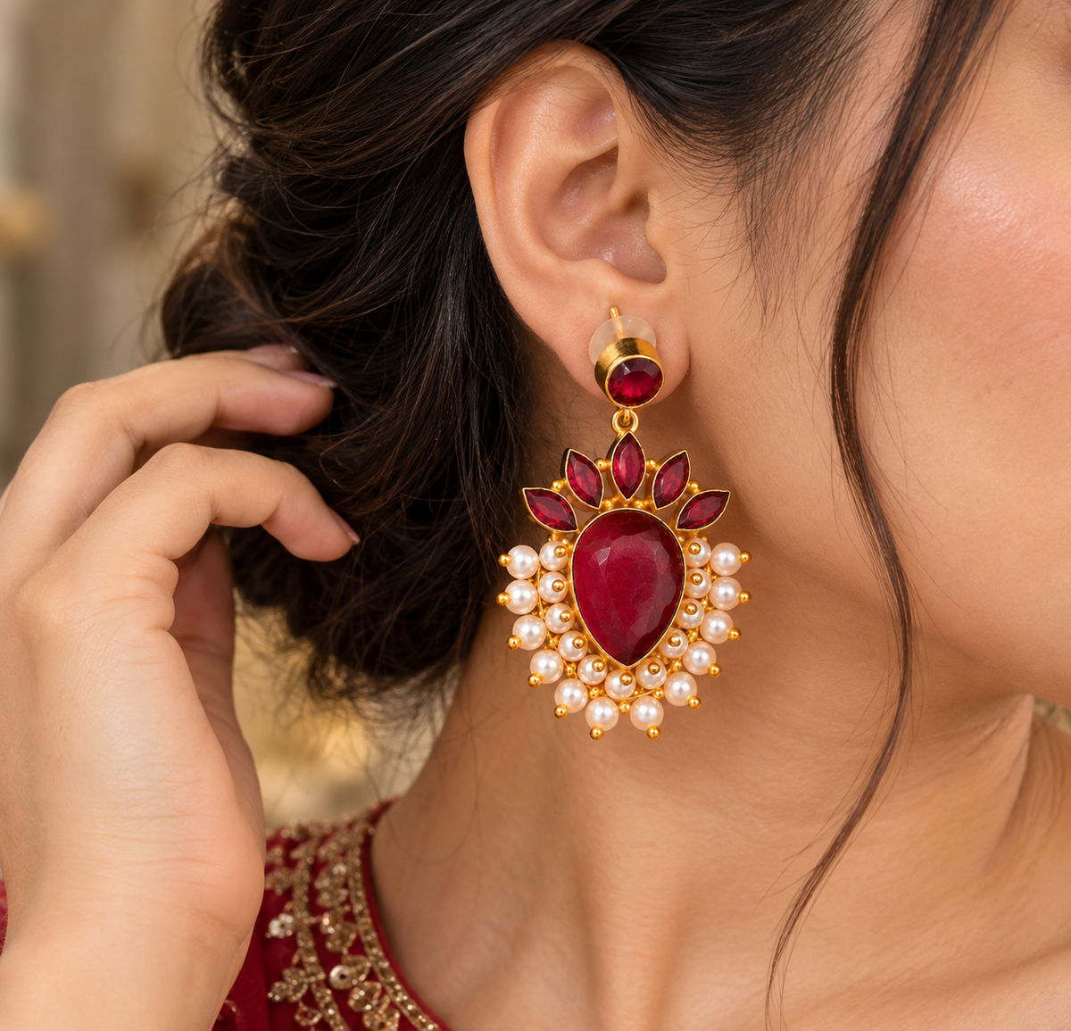 Handmade Brass Ruby Red Stone Drop Earrings, Pearl Cluster Dangle Earrings, Indian Artisan Bridal Statement Jewelry