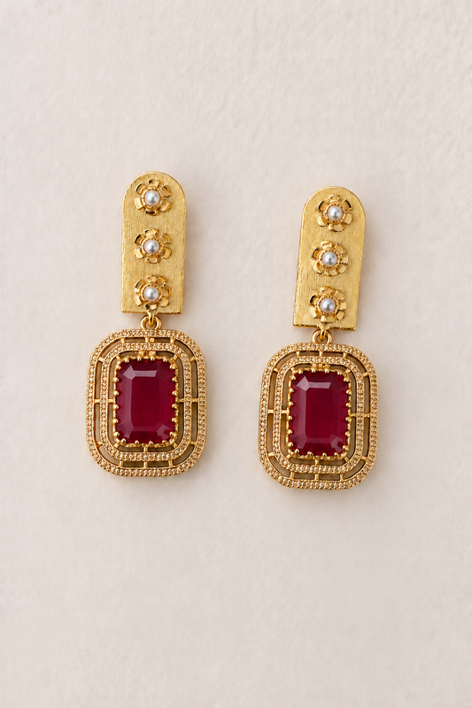 Handmade Brass Statement Drop Earrings – Gold-Plated Amber Yellow Stone & Pearl Accent Dangle Earrings, Artisan Geometric Jewelry