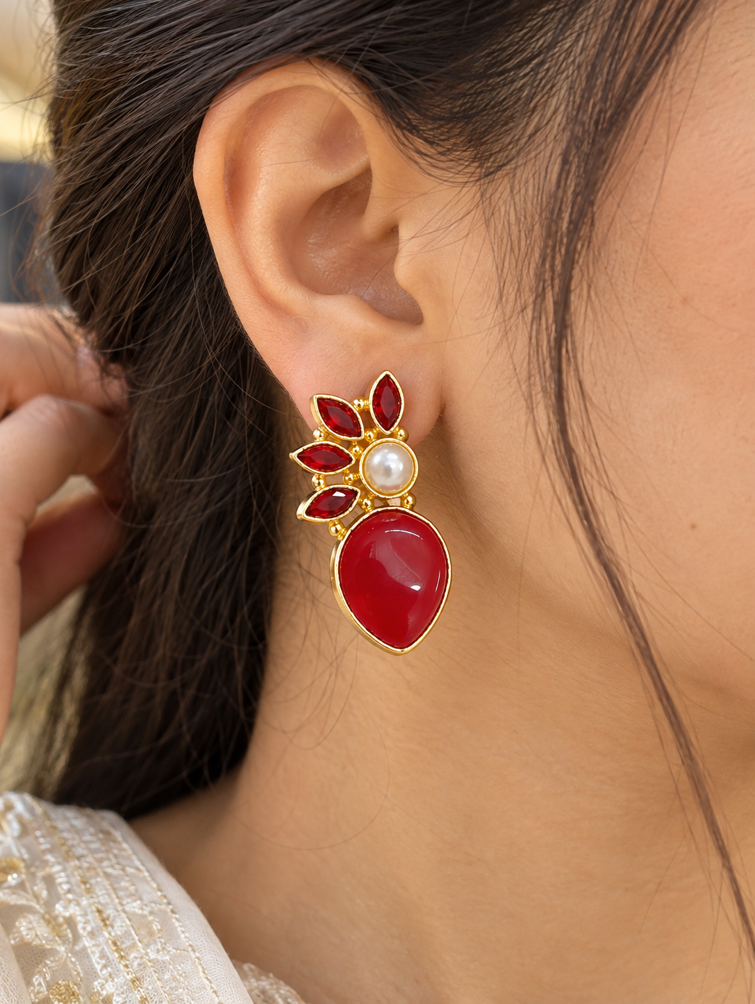 Handmade Brass Red Coral Teardrop Stud Earrings, Pearl Crown Navette Crystal Statement Earrings, Regal Gold Festive Jewelry for Women